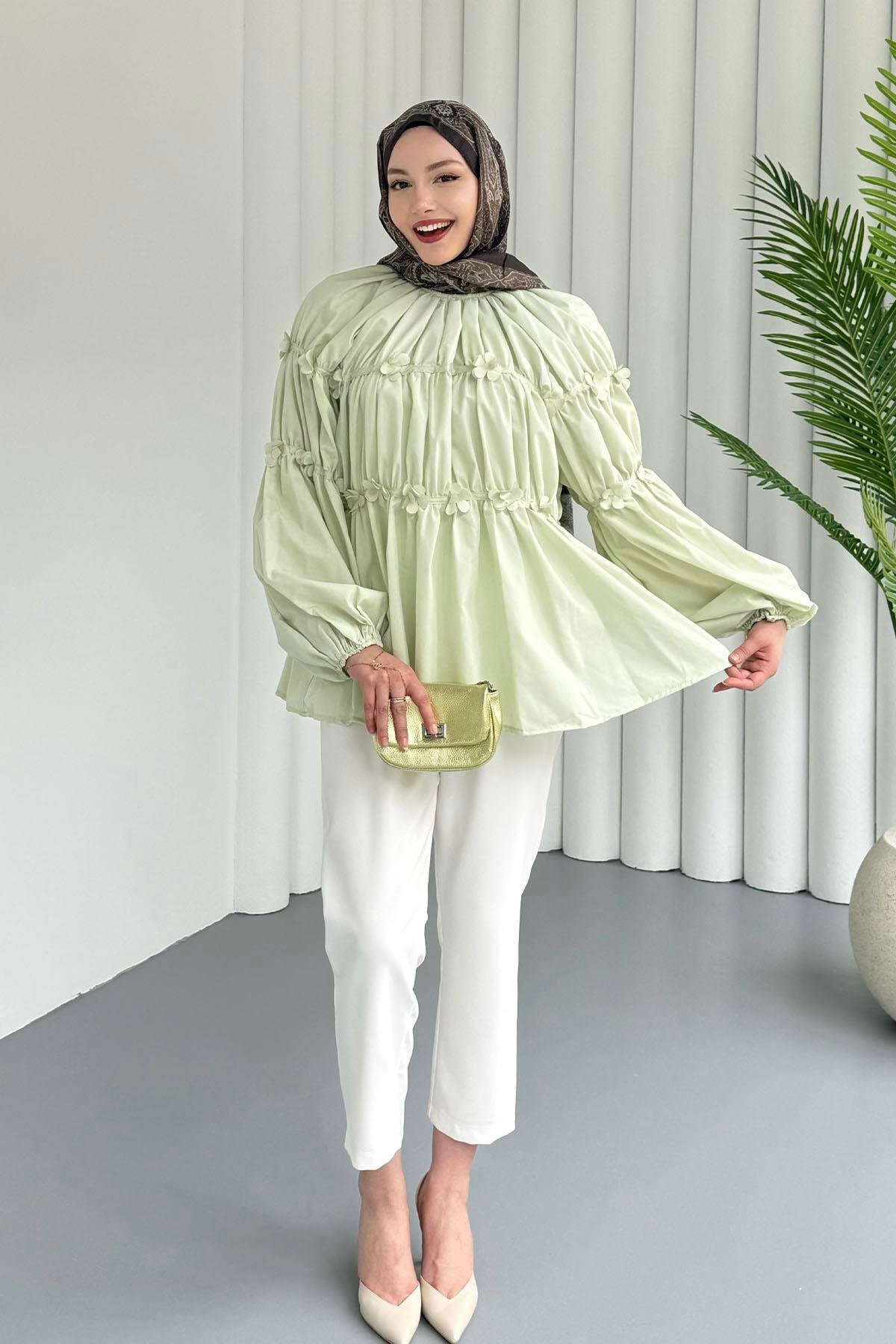 Reglan Minik Çiçek Detaylı Poplin Gömlek-YEŞİL