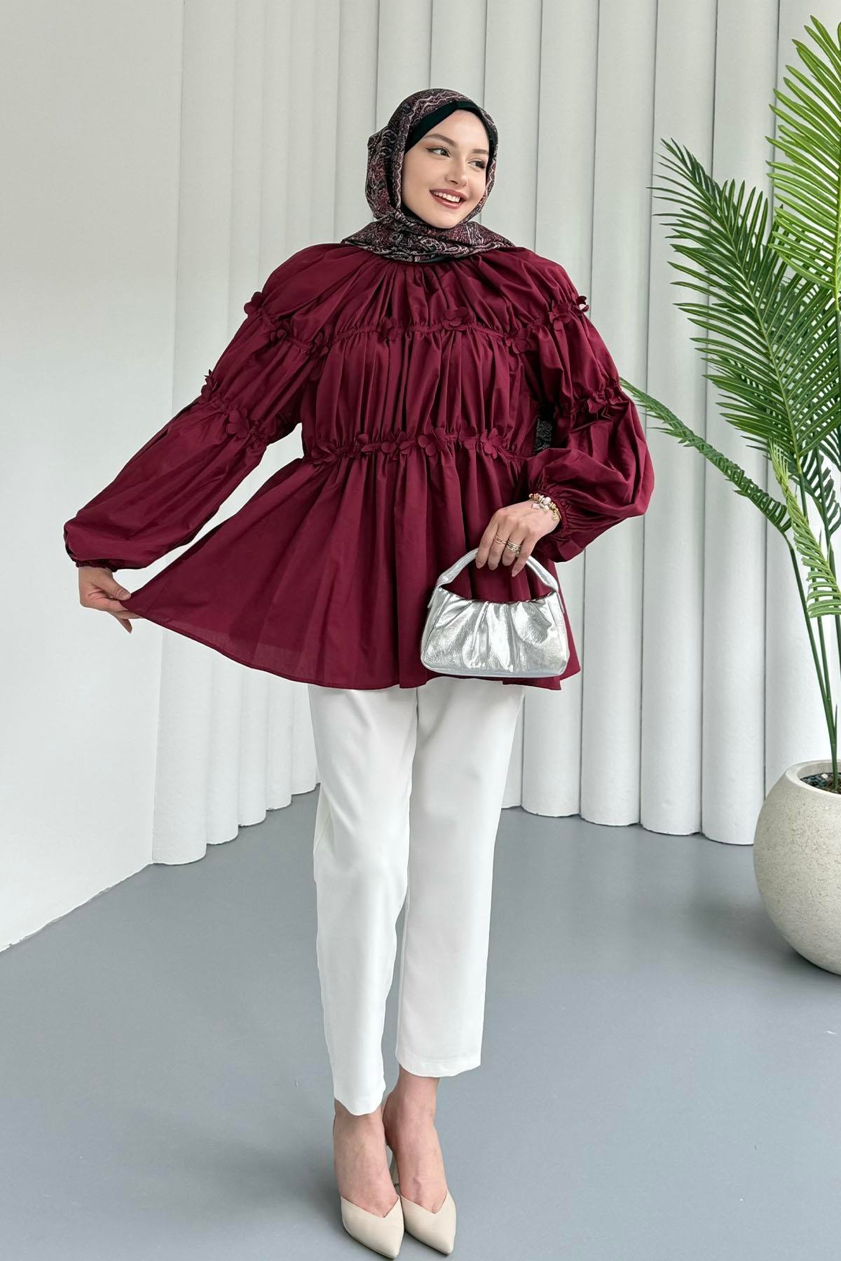 Reglan Minik Çiçek Detaylı Poplin Gömlek-BORDO