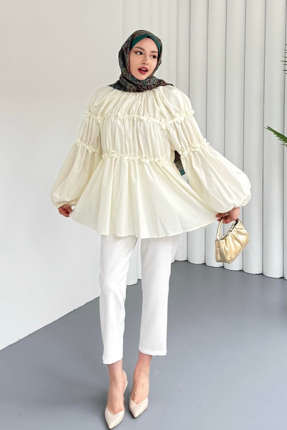 Reglan Minik Çiçek Detaylı Poplin Gömlek-SARI