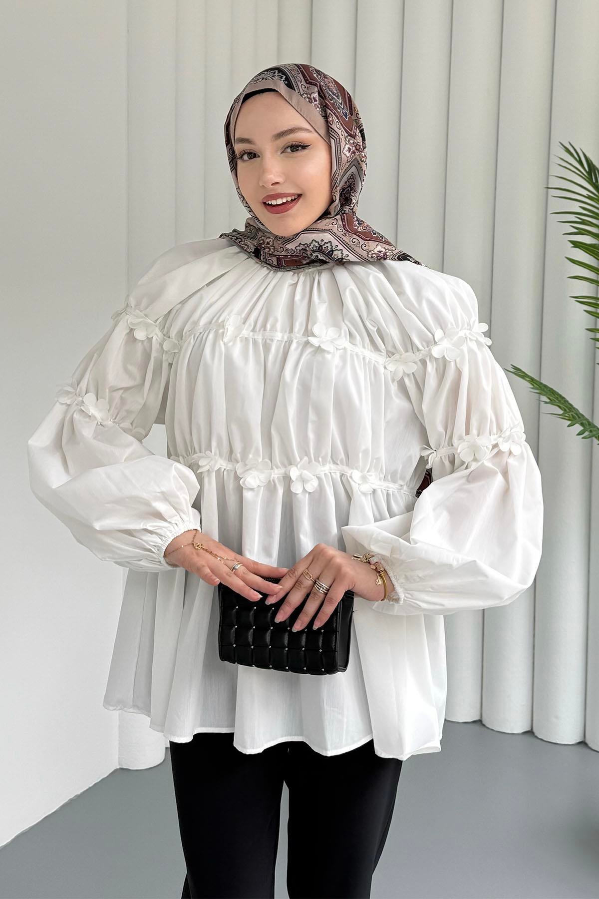 Reglan Minik Çiçek Detaylı Poplin Gömlek-EKRU