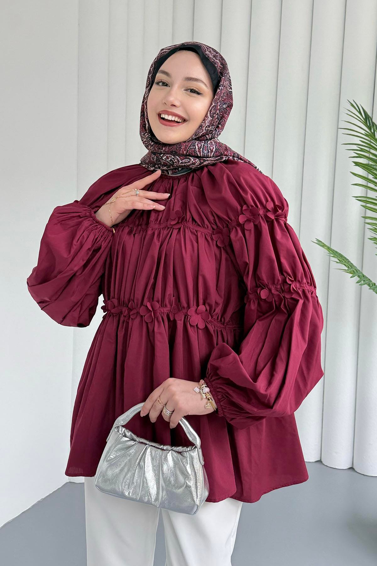 Reglan Minik Çiçek Detaylı Poplin Gömlek-BORDO