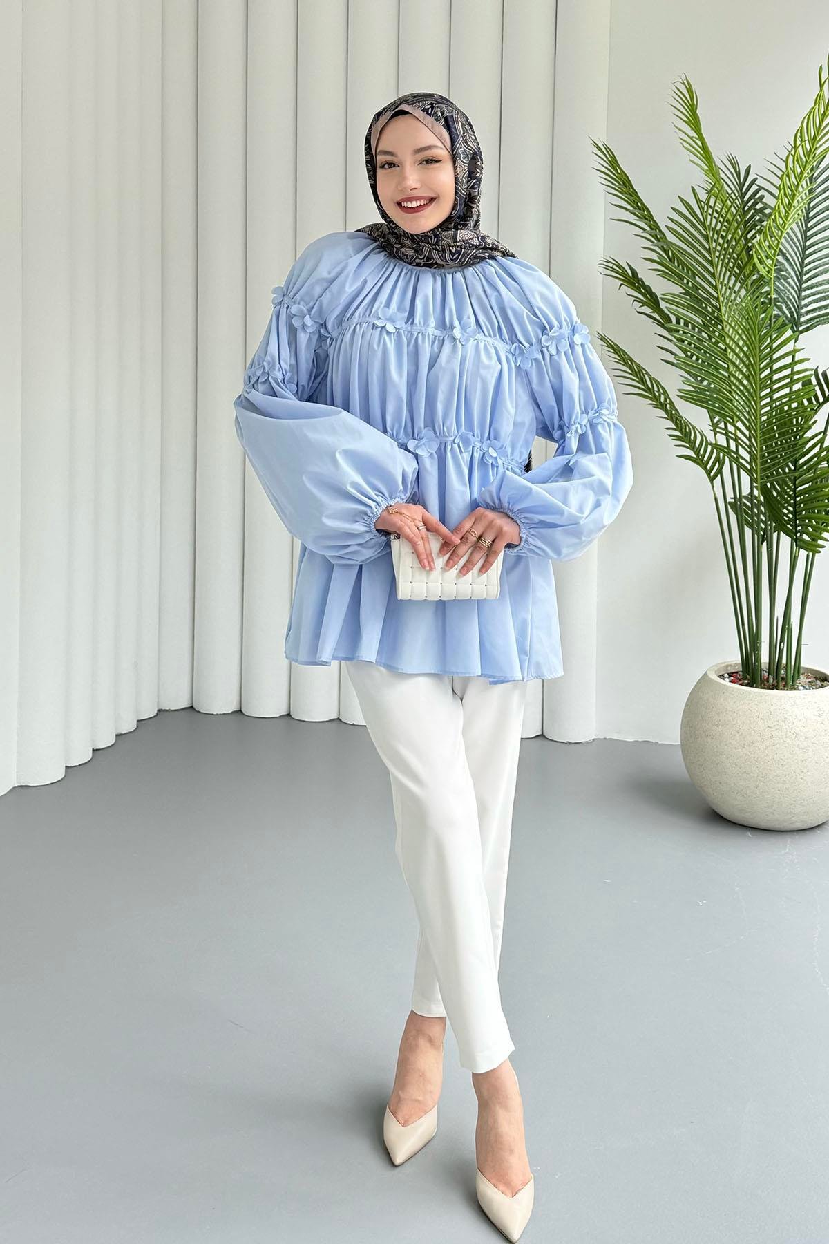 Reglan Minik Çiçek Detaylı Poplin Gömlek-MAVİ