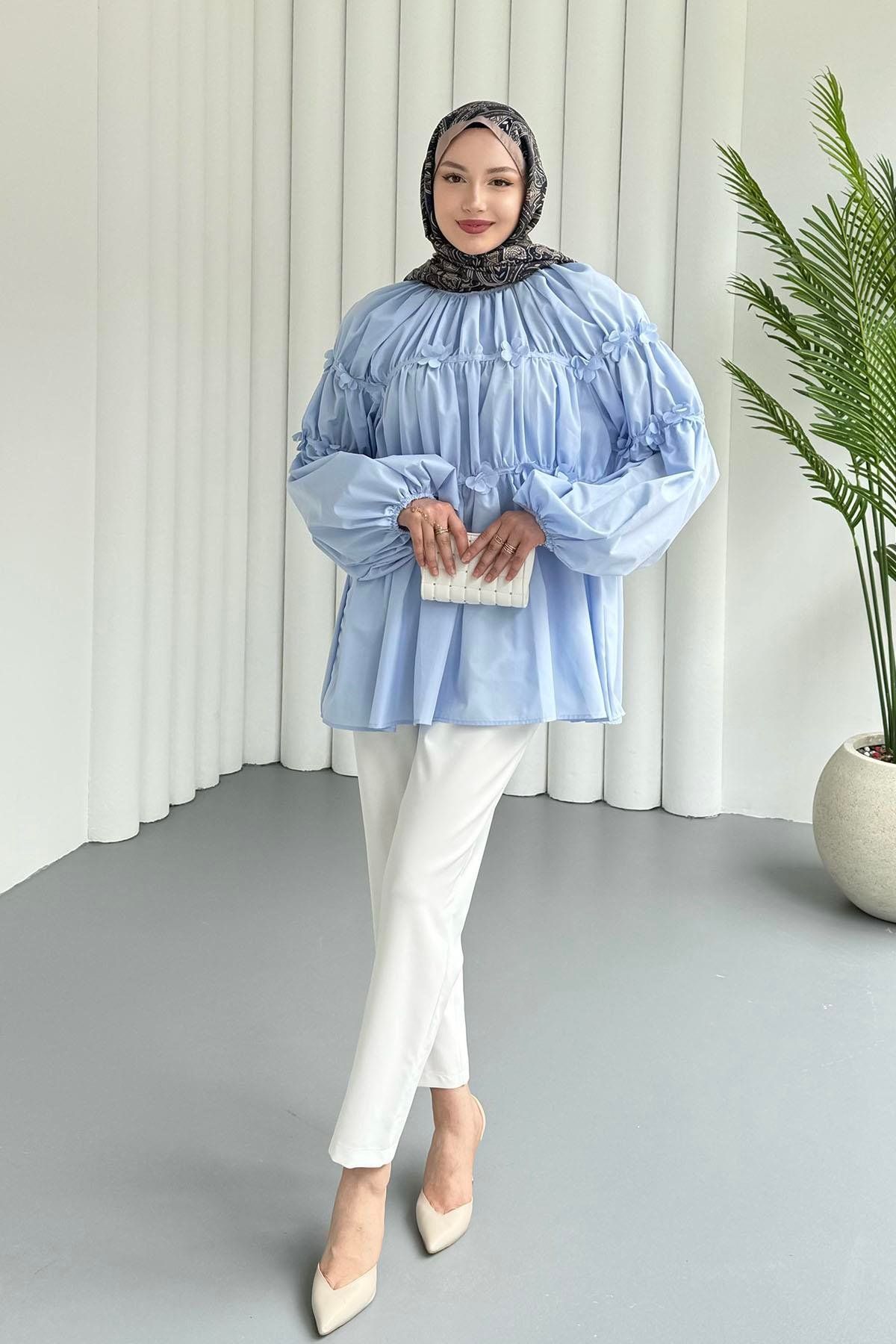 Reglan Minik Çiçek Detaylı Poplin Gömlek-MAVİ