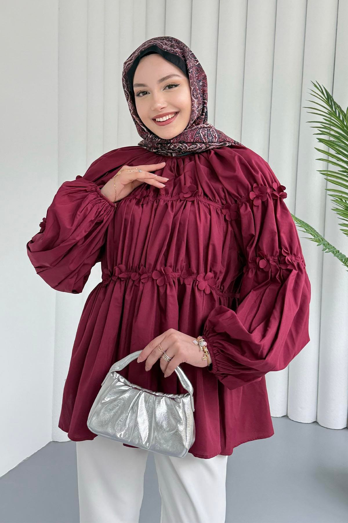 Reglan Minik Çiçek Detaylı Poplin Gömlek-BORDO