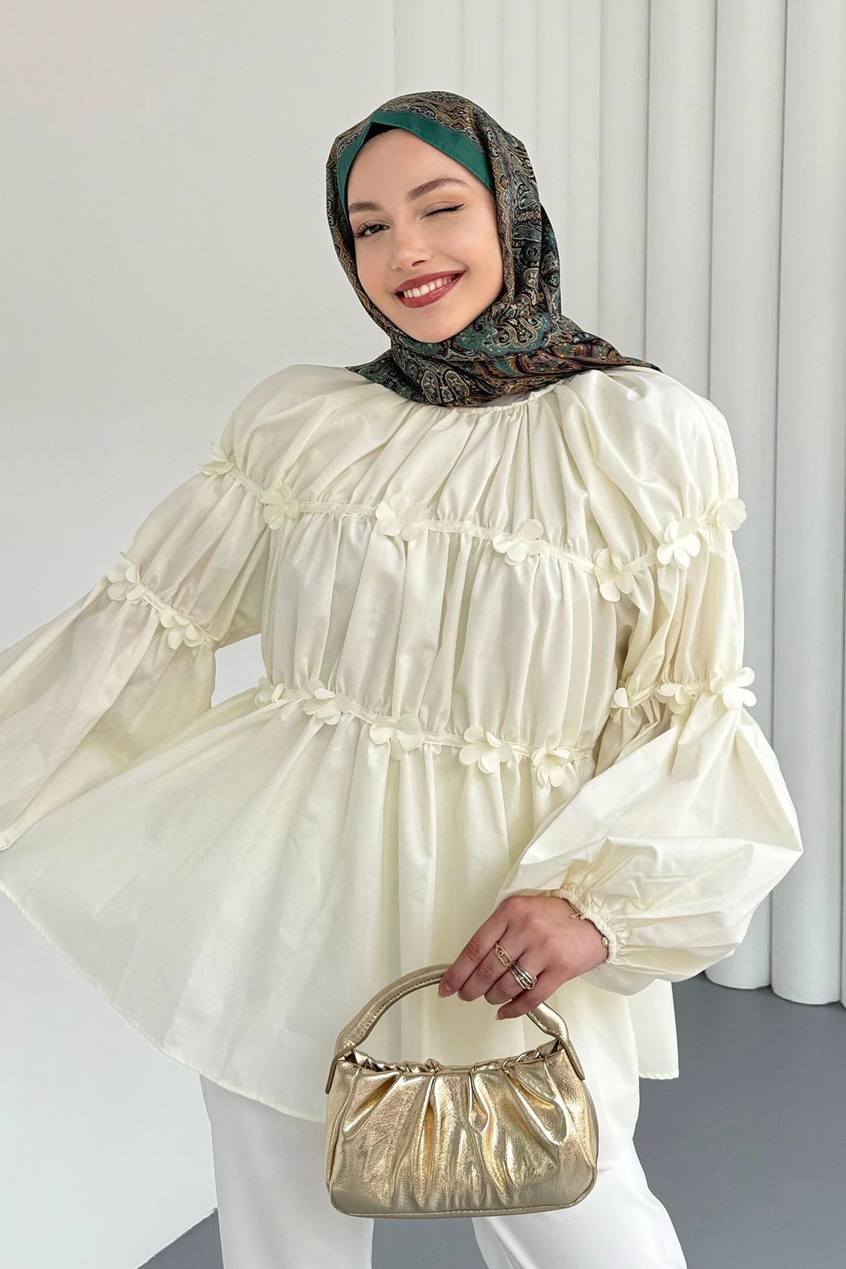 Reglan Minik Çiçek Detaylı Poplin Gömlek-SARI