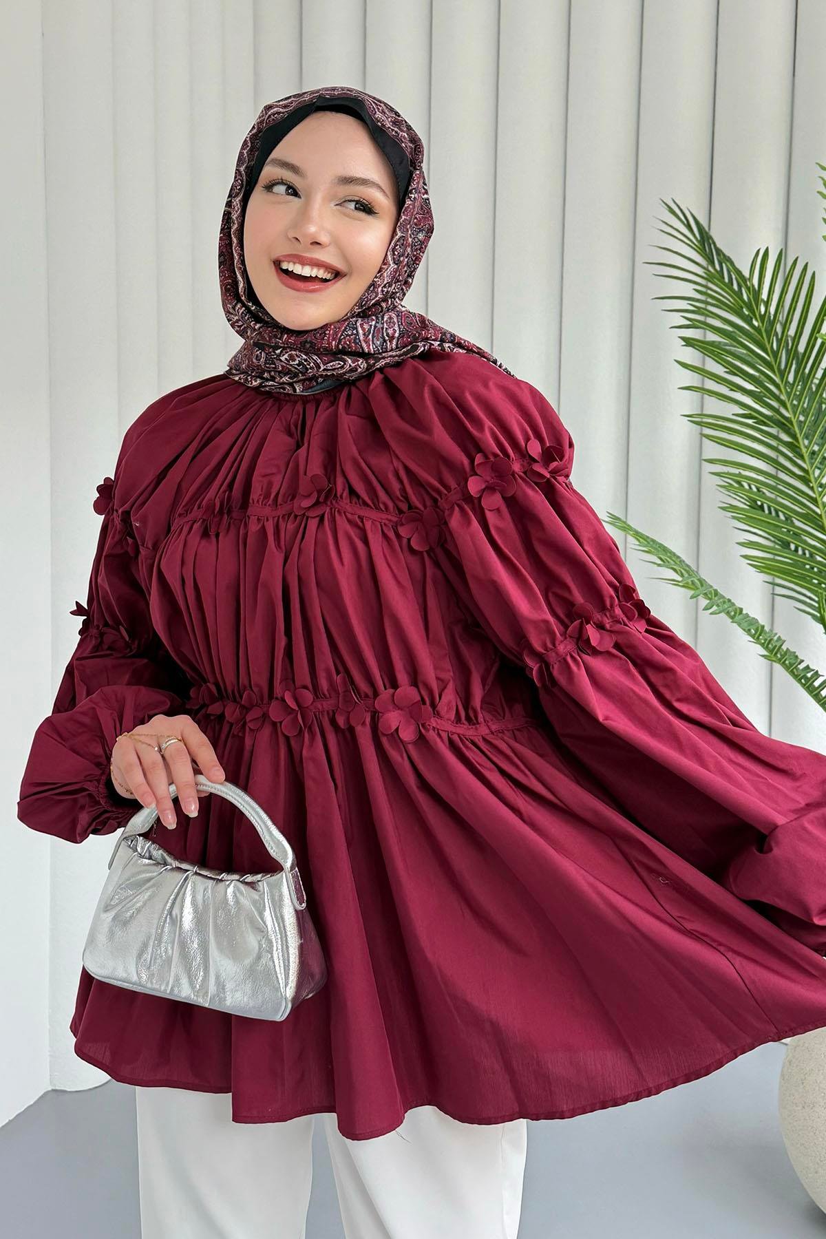 Reglan Minik Çiçek Detaylı Poplin Gömlek-BORDO