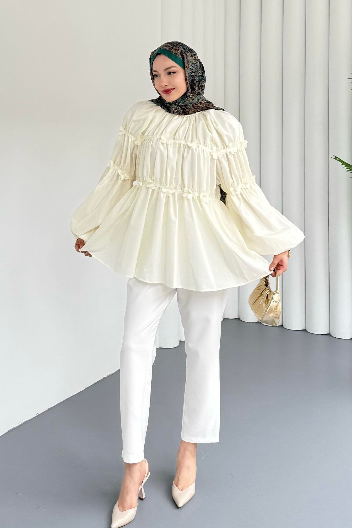 Reglan Minik Çiçek Detaylı Poplin Gömlek-SARI