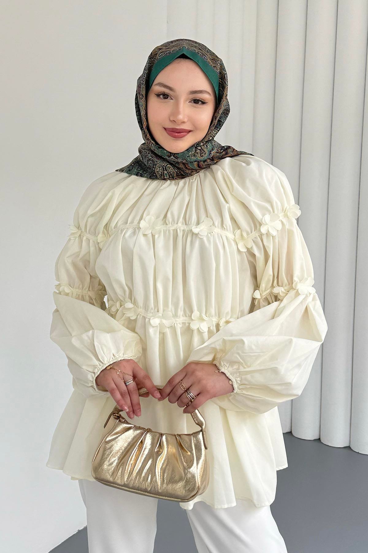 Reglan Minik Çiçek Detaylı Poplin Gömlek-SARI