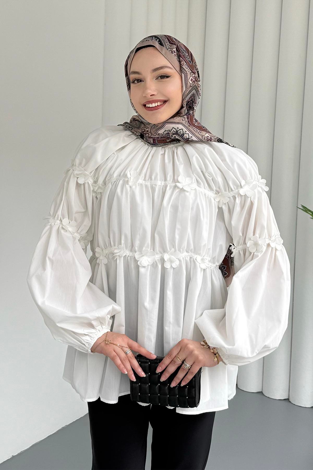 Reglan Minik Çiçek Detaylı Poplin Gömlek-EKRU