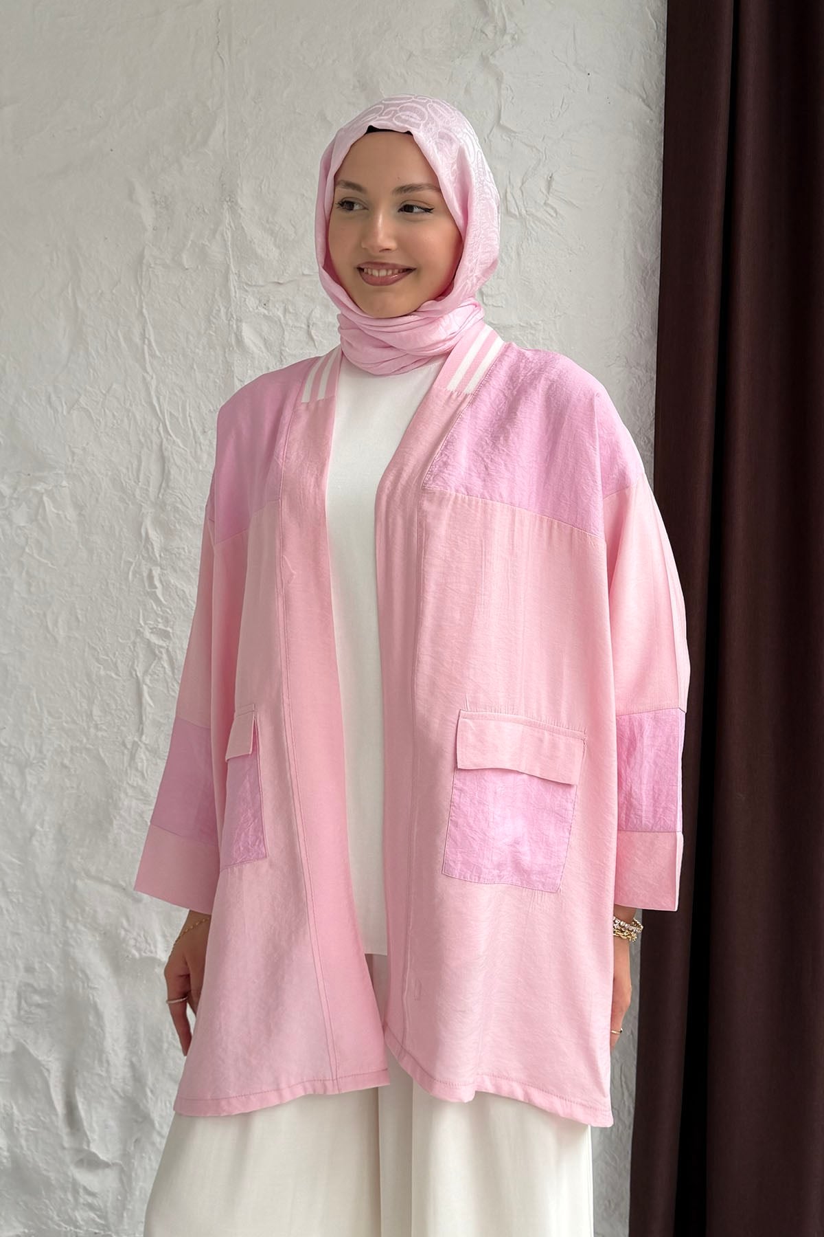 Ribana Yaka Çizgi Detaylı Ön İki Cepli Kap-PEMBE