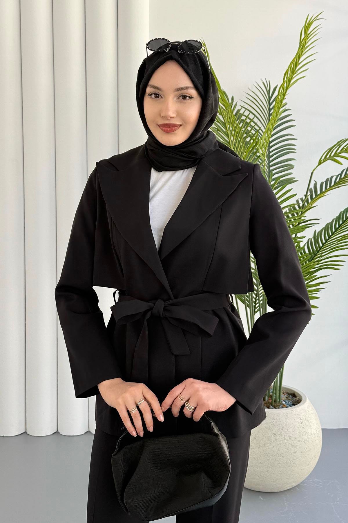 Rüzgarlıklı Ceket Pantolon Tesettür Takım-SİYAH