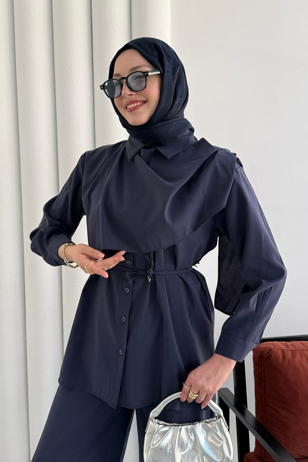 Şal Yaka Modal Kumaş Pantolonlu Tesettür Takım-LACİVERT