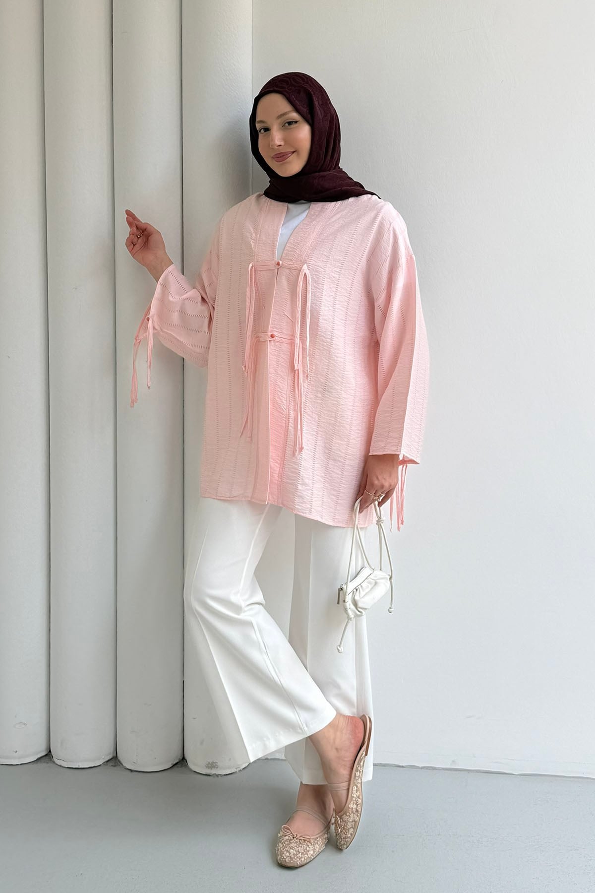 Şal Yaka Ön Ve Kol Ucu Bağlamalı Kimono-PEMBE
