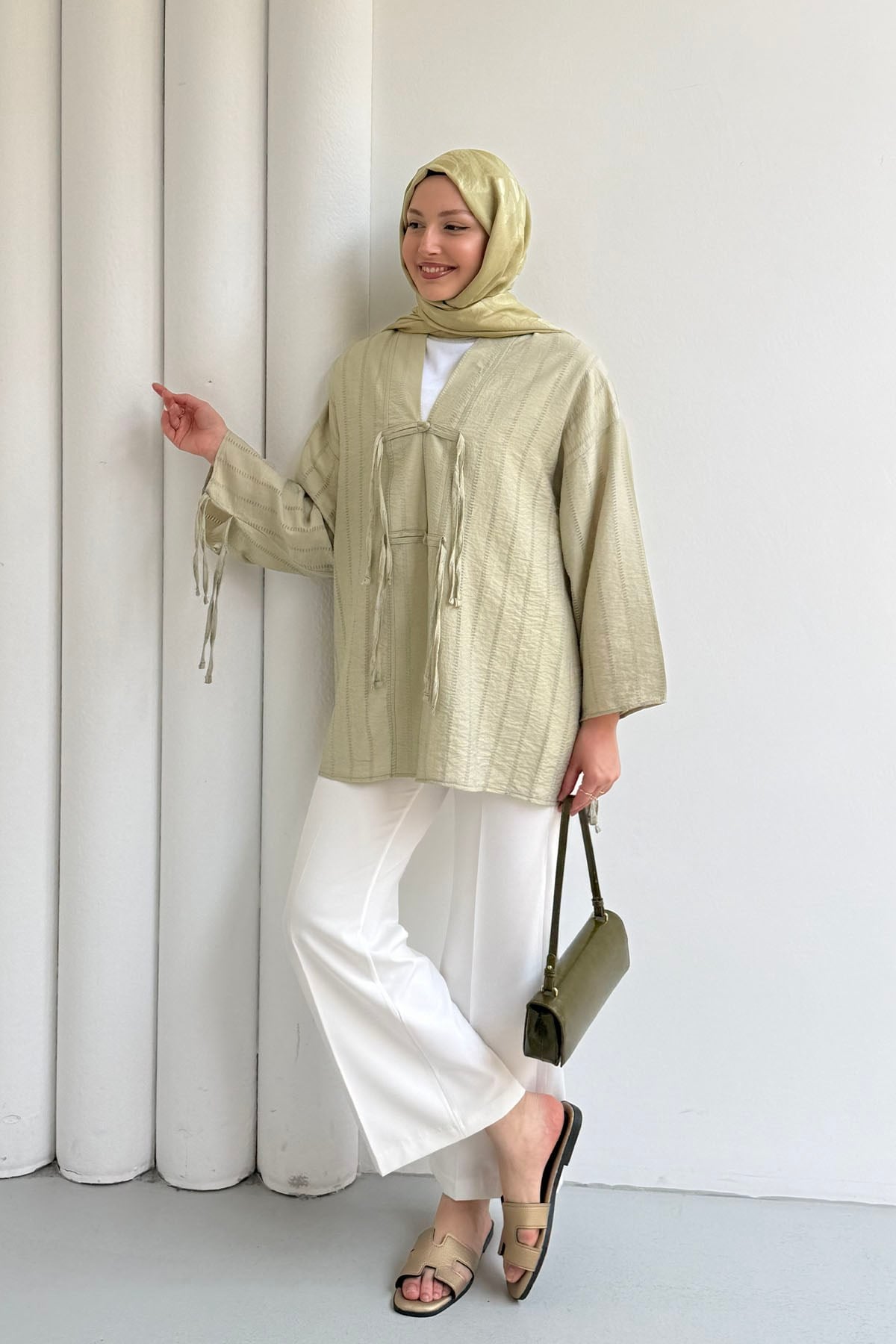 Şal Yaka Ön Ve Kol Ucu Bağlamalı Kimono-MİNT YEŞİLİ
