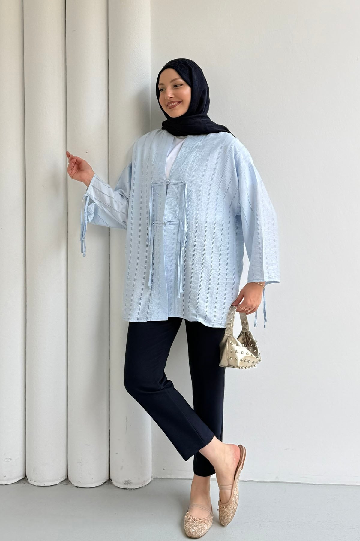 Şal Yaka Ön Ve Kol Ucu Bağlamalı Kimono-BEBE MAVİ