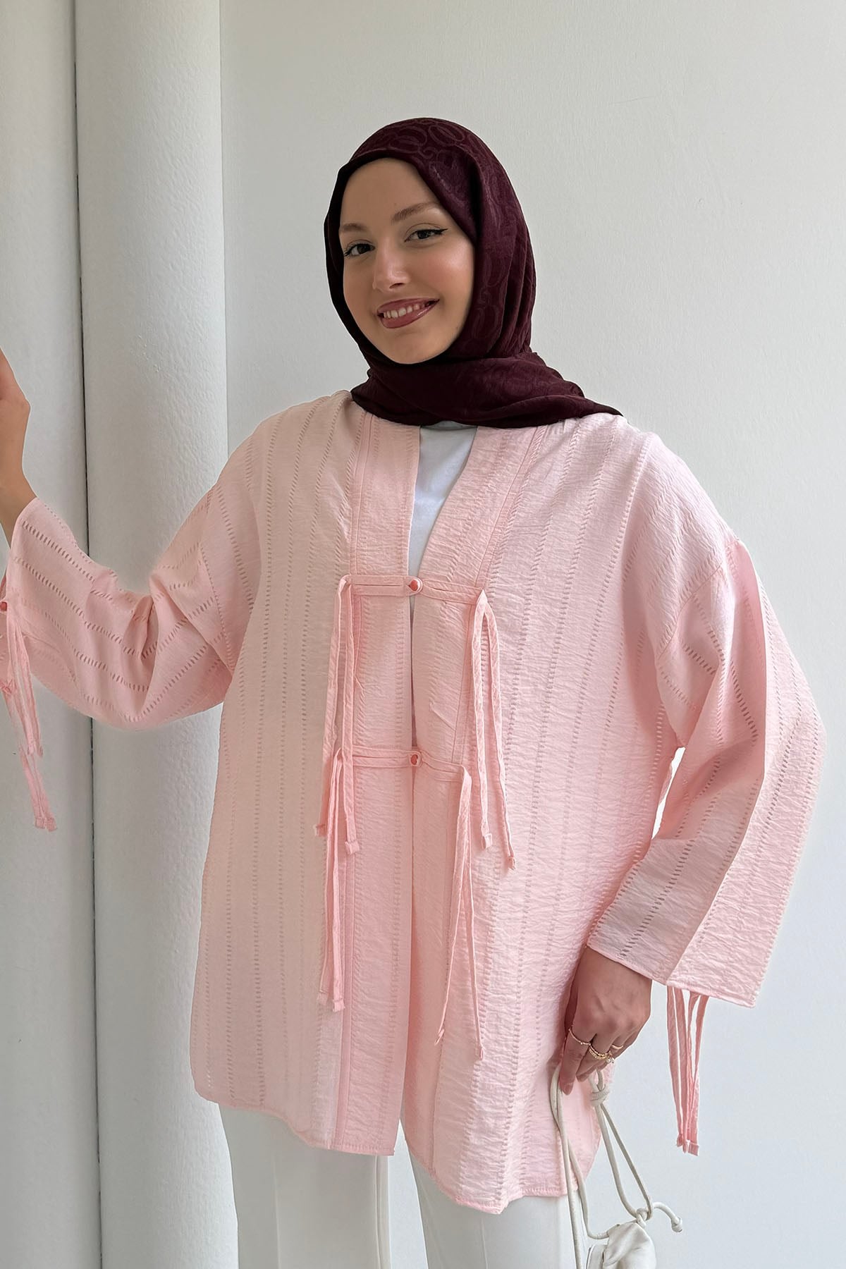 Şal Yaka Ön Ve Kol Ucu Bağlamalı Kimono-PEMBE