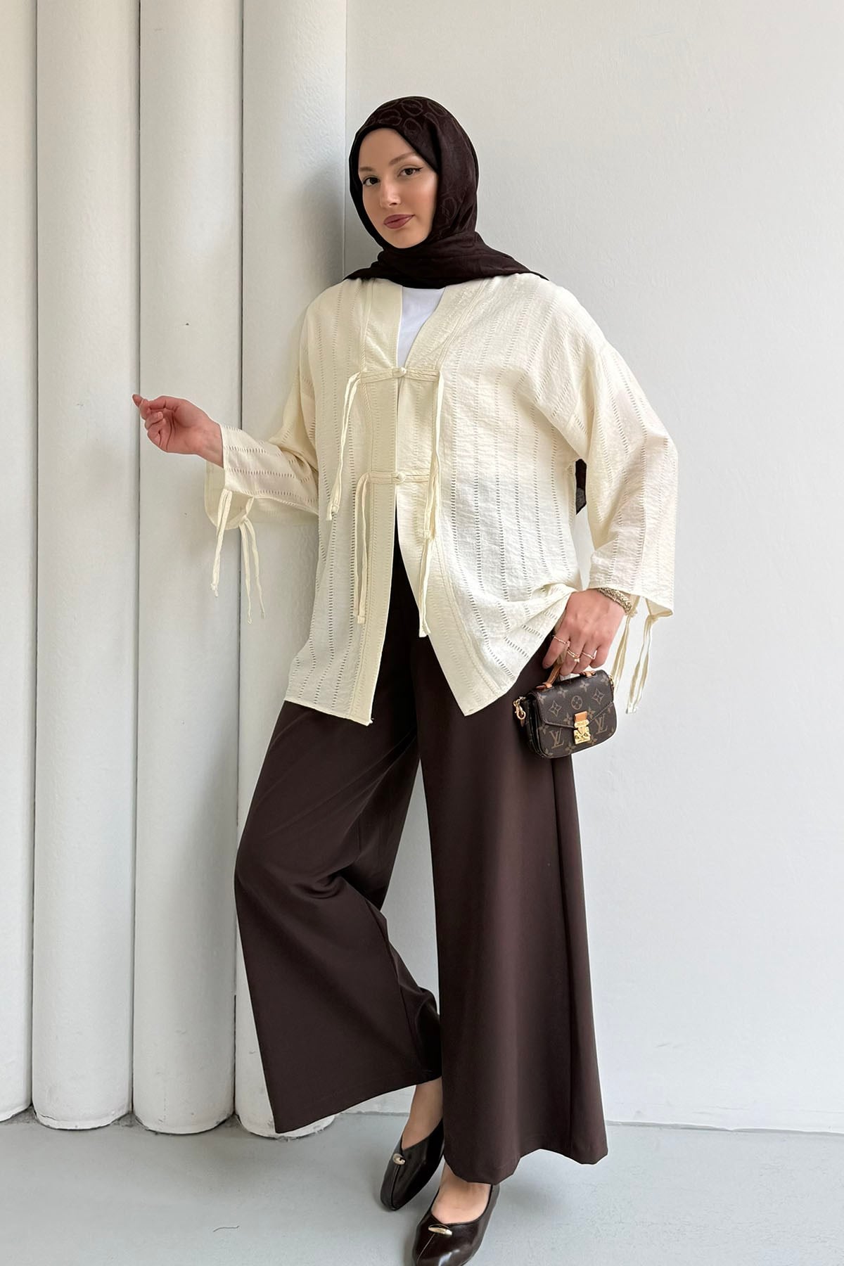 Şal Yaka Ön Ve Kol Ucu Bağlamalı Kimono-SARI