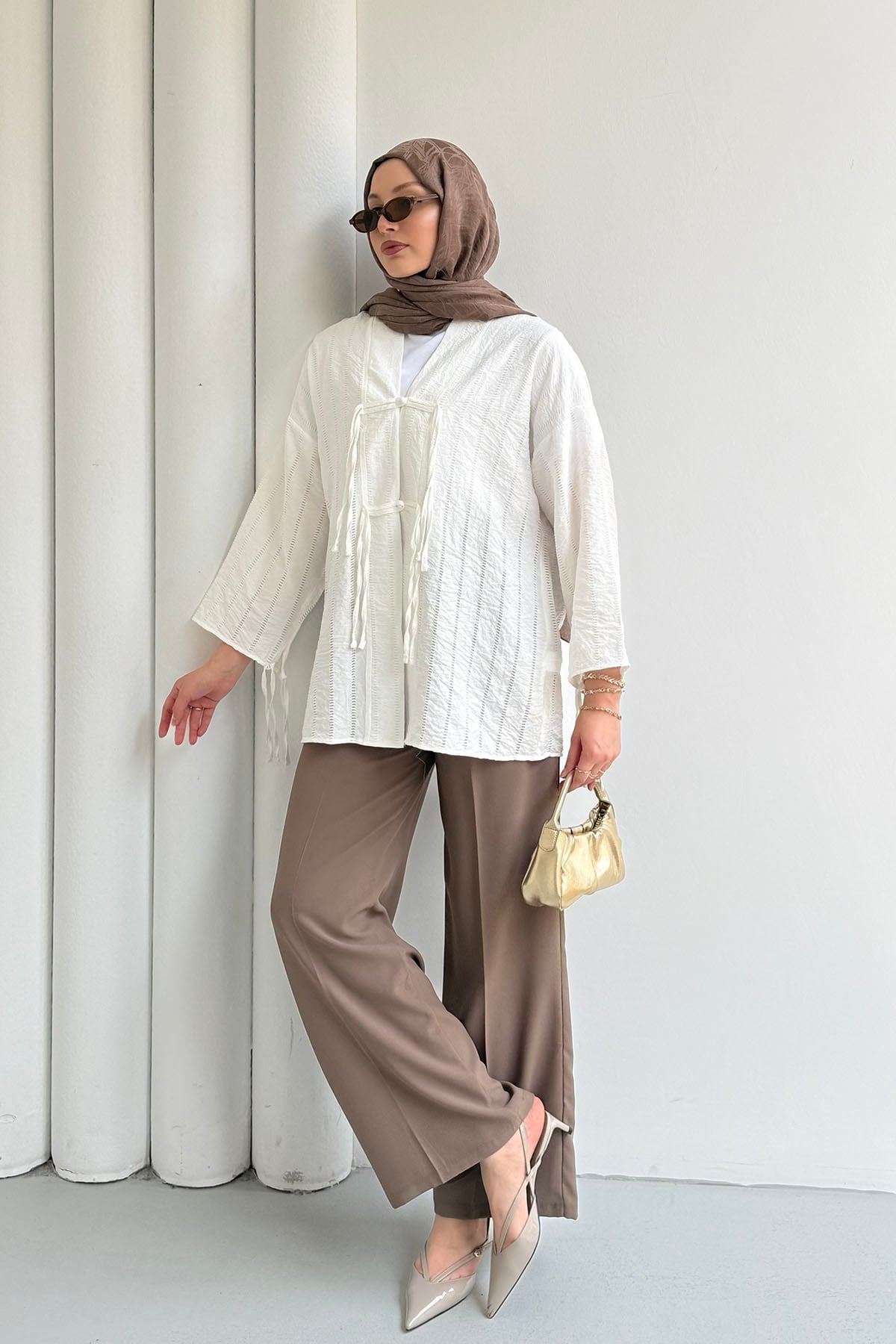 Şal Yaka Ön Ve Kol Ucu Bağlamalı Kimono-BEYAZ