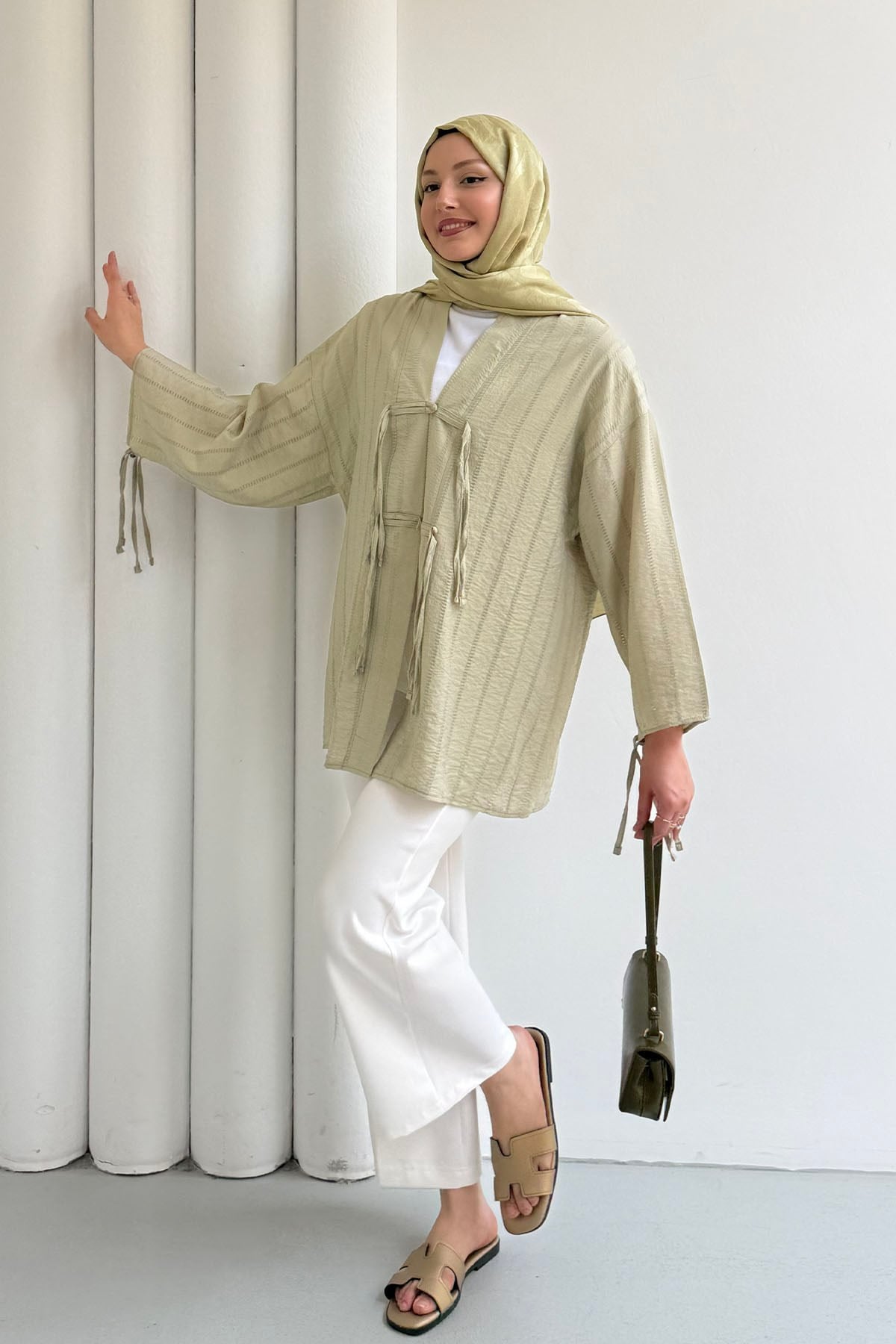 Şal Yaka Ön Ve Kol Ucu Bağlamalı Kimono-MİNT YEŞİLİ