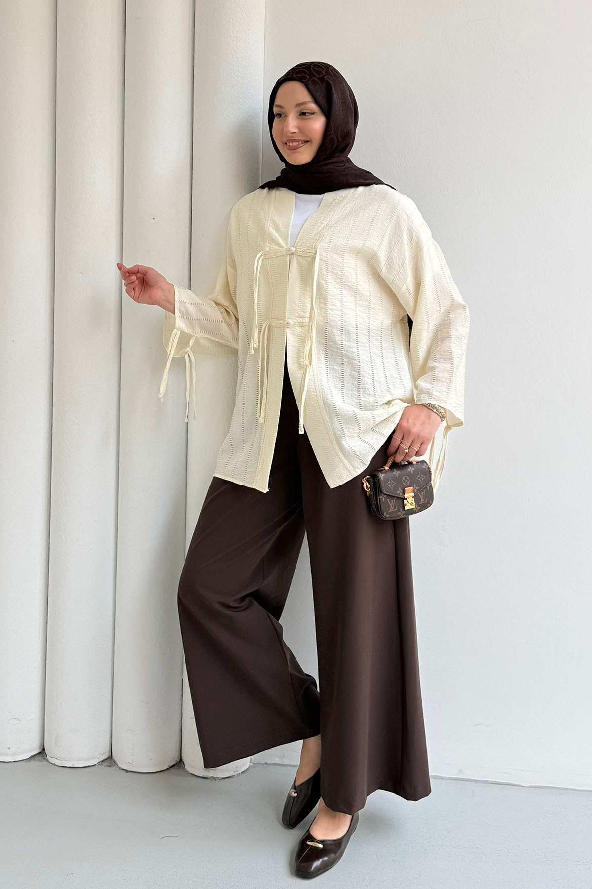 Şal Yaka Ön Ve Kol Ucu Bağlamalı Kimono-SARI