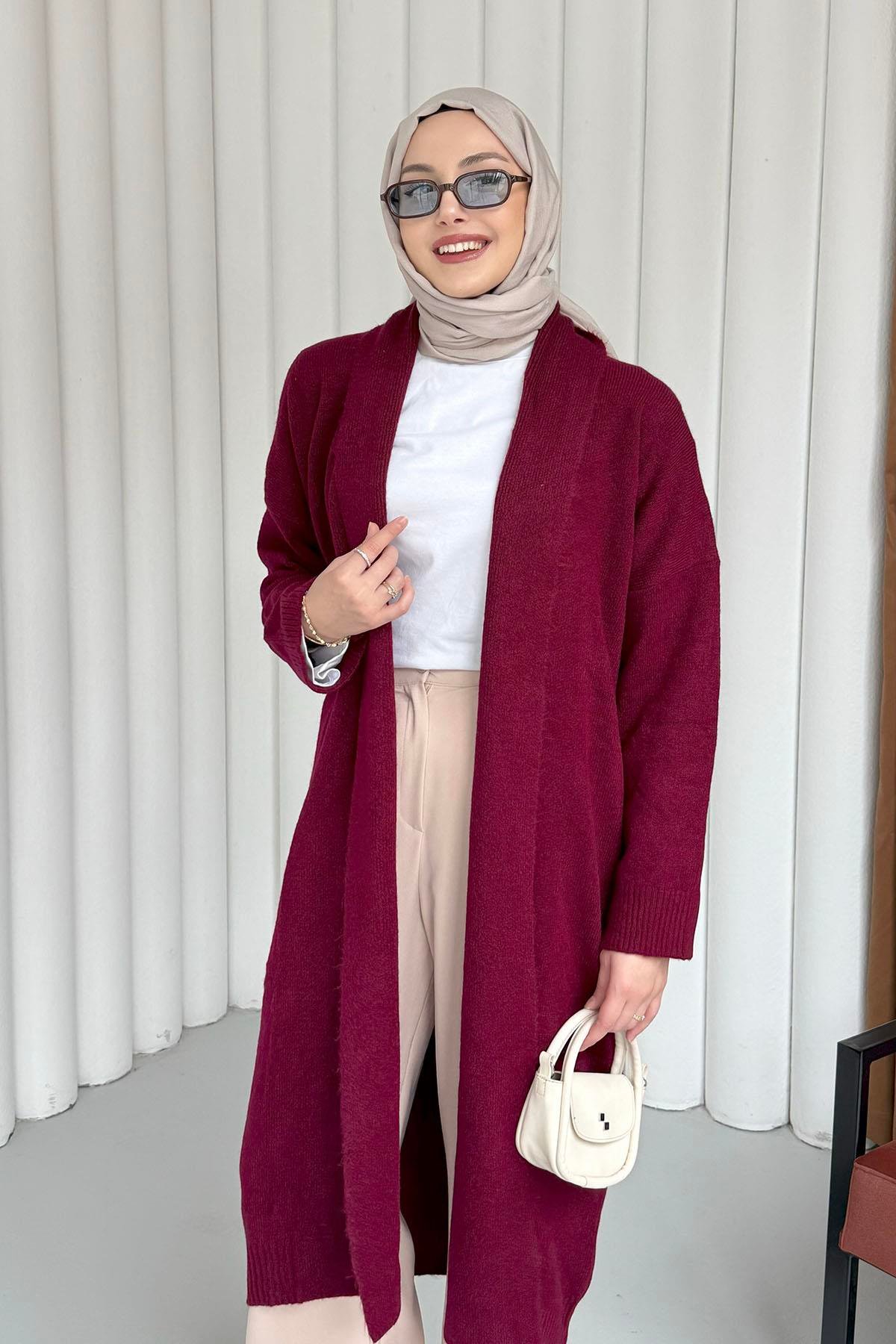 Şal Yaka Uzun Triko Hırka-BORDO