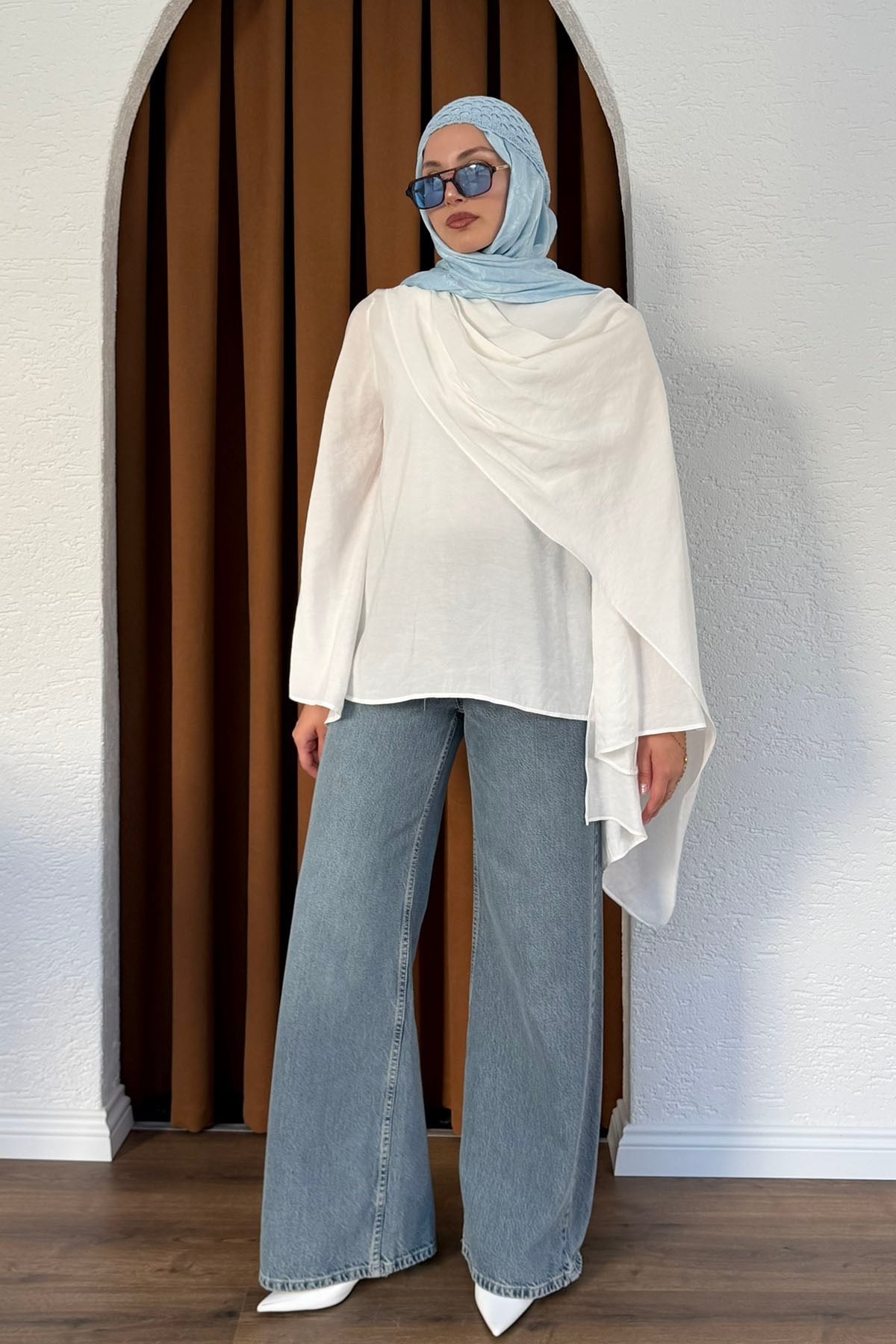 Şallı Değaje Yaka Tencel Kumaş Bluz-BEYAZ