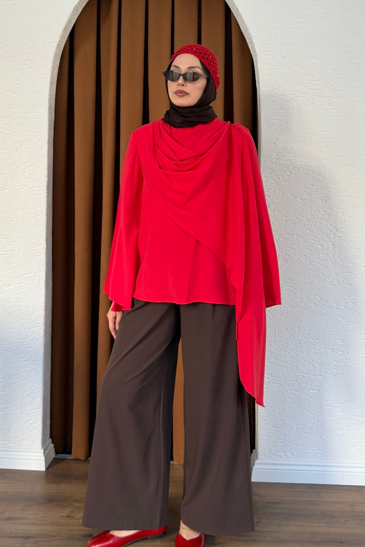 Şallı Değaje Yaka Tencel Kumaş Bluz-KIRMIZI