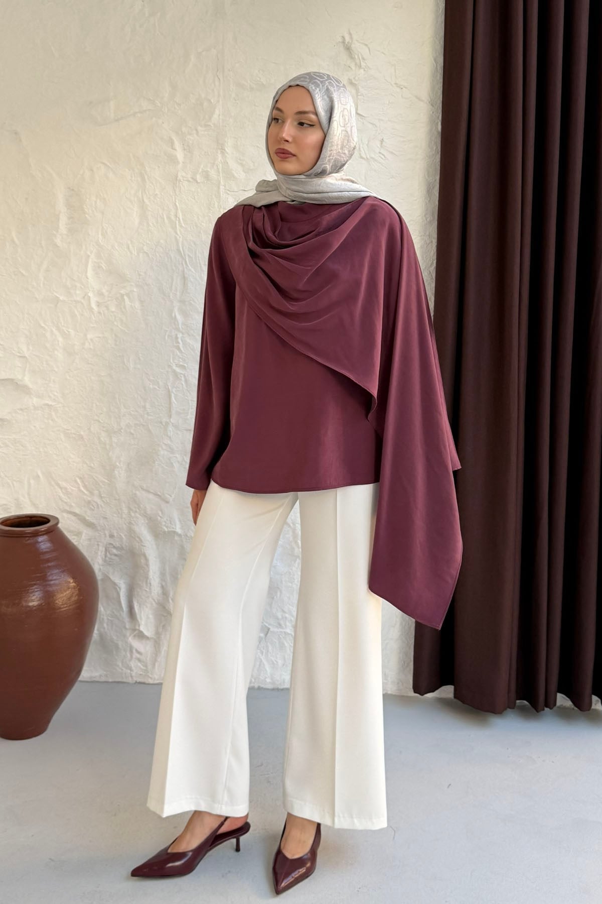 Şallı Değaje Yaka Tencel Kumaş Bluz-MÜRDÜM