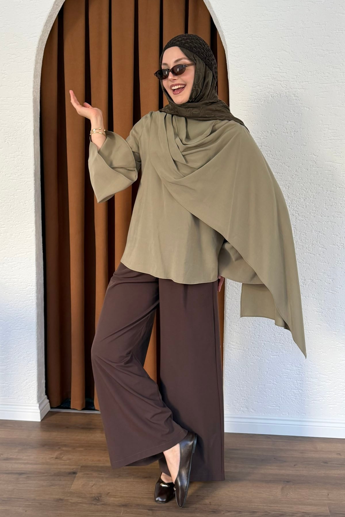 Şallı Değaje Yaka Tencel Kumaş Bluz-YEŞİL