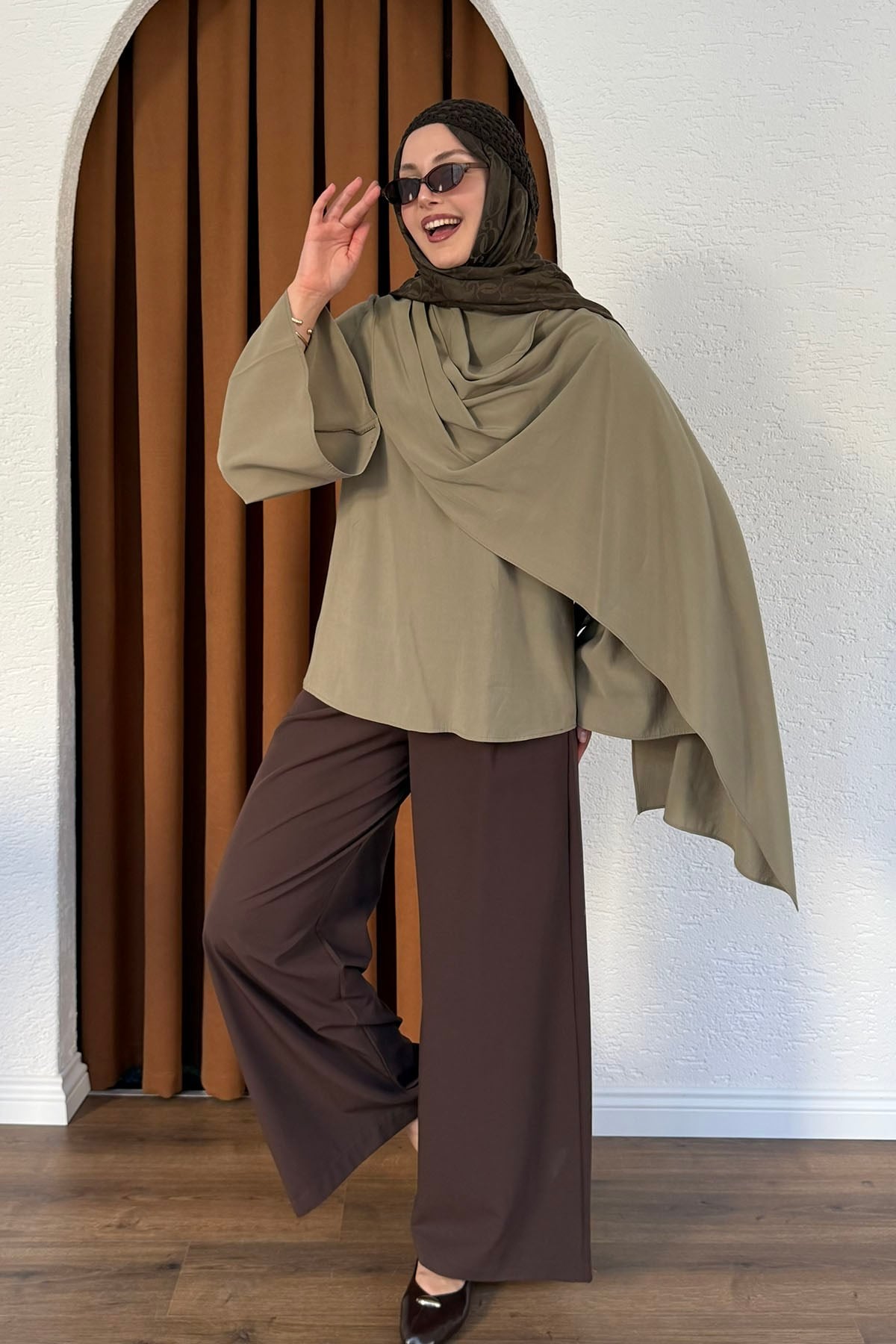Şallı Değaje Yaka Tencel Kumaş Bluz-YEŞİL