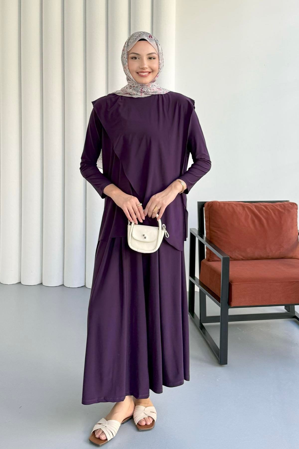 Sandy Kumaş Asimetrik Pantolonlu Tesettür Takım-MOR