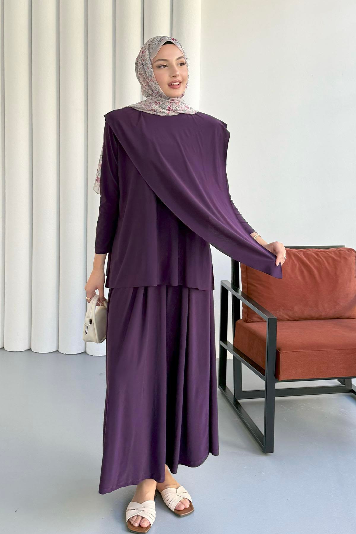 Sandy Kumaş Asimetrik Pantolonlu Tesettür Takım-MOR