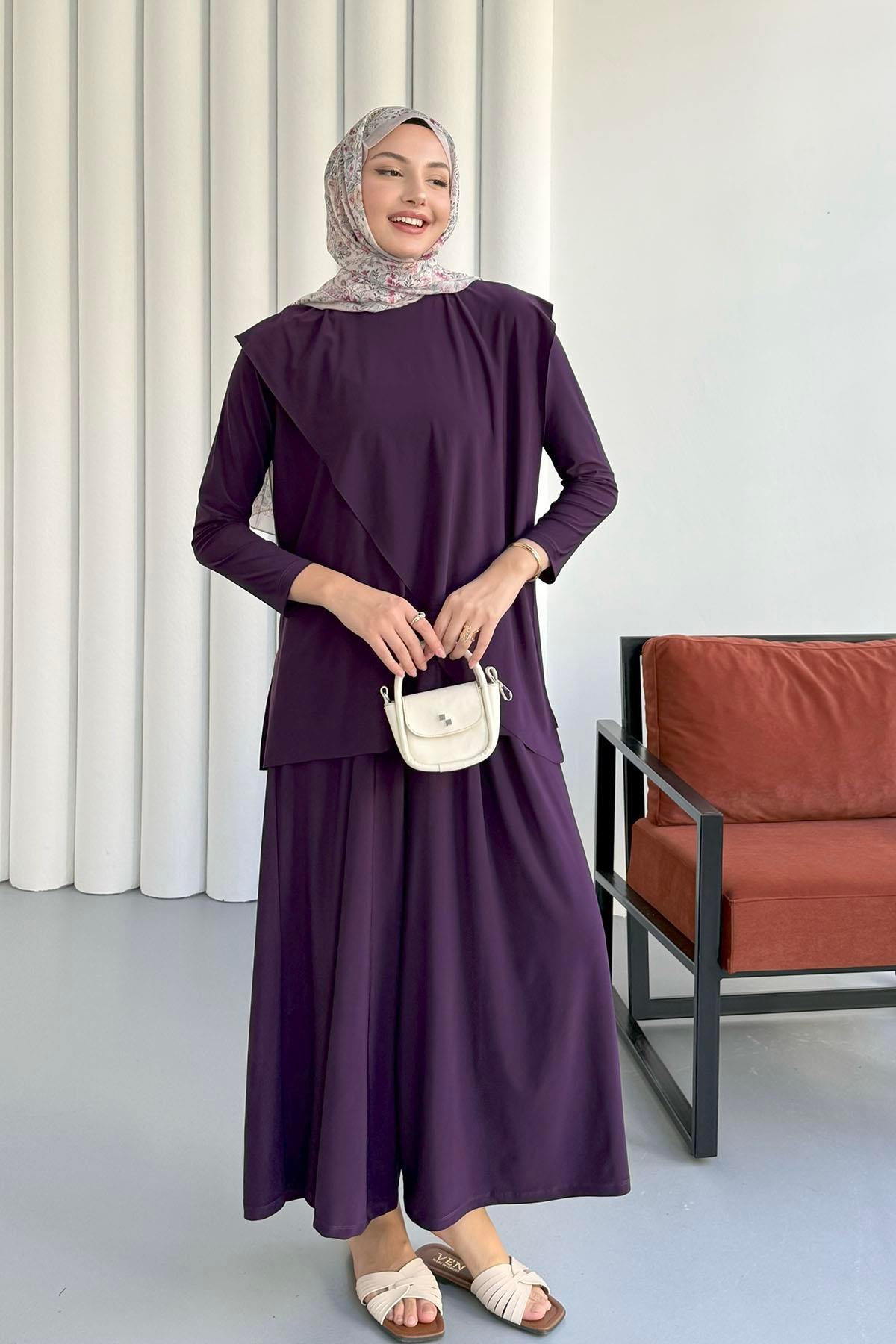 Sandy Kumaş Asimetrik Pantolonlu Tesettür Takım-MOR