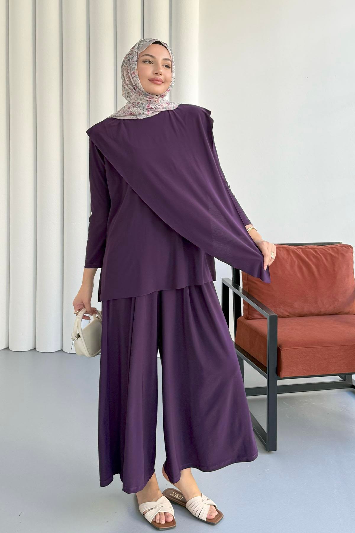 Sandy Kumaş Asimetrik Pantolonlu Tesettür Takım-MOR