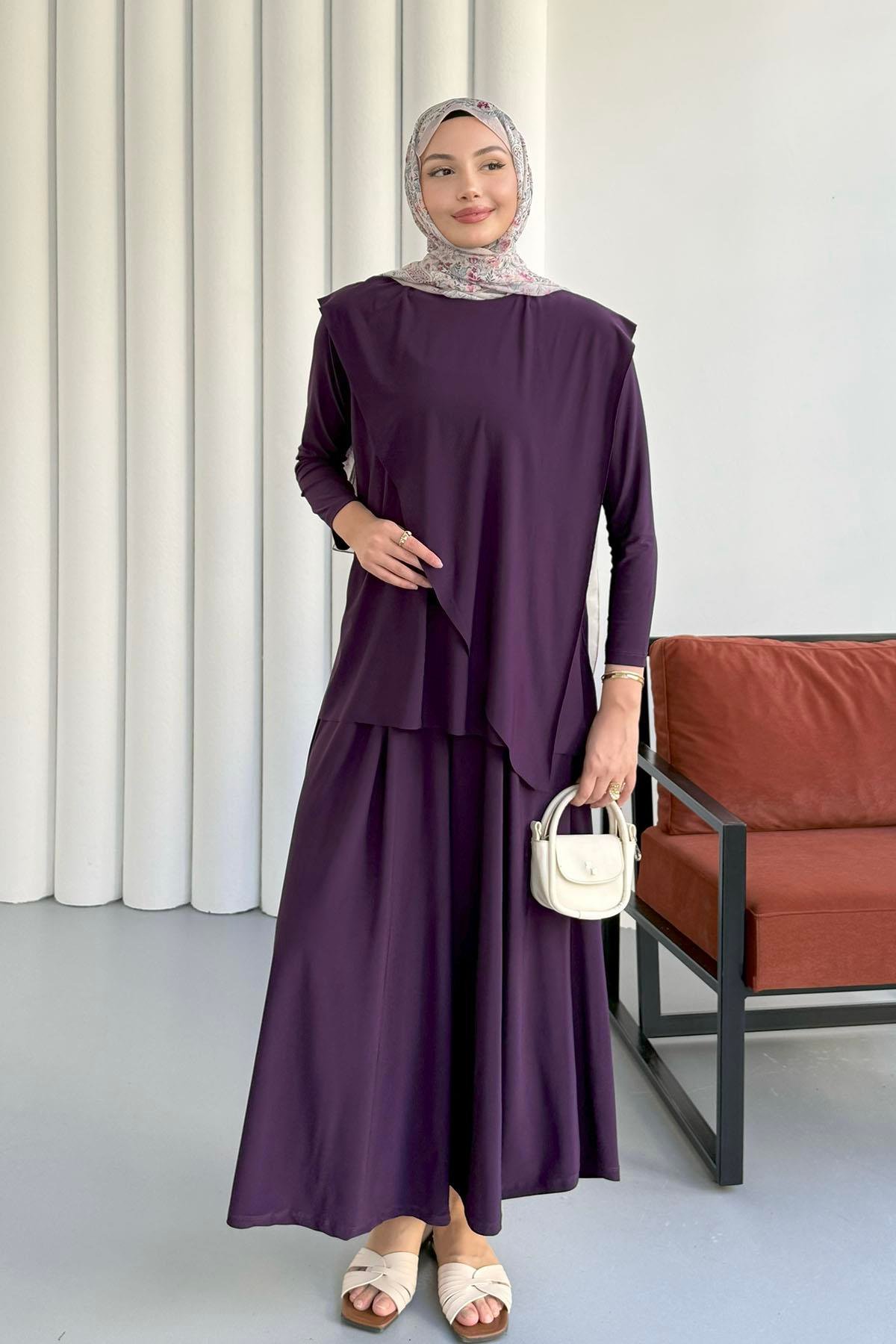 Sandy Kumaş Asimetrik Pantolonlu Tesettür Takım-MOR