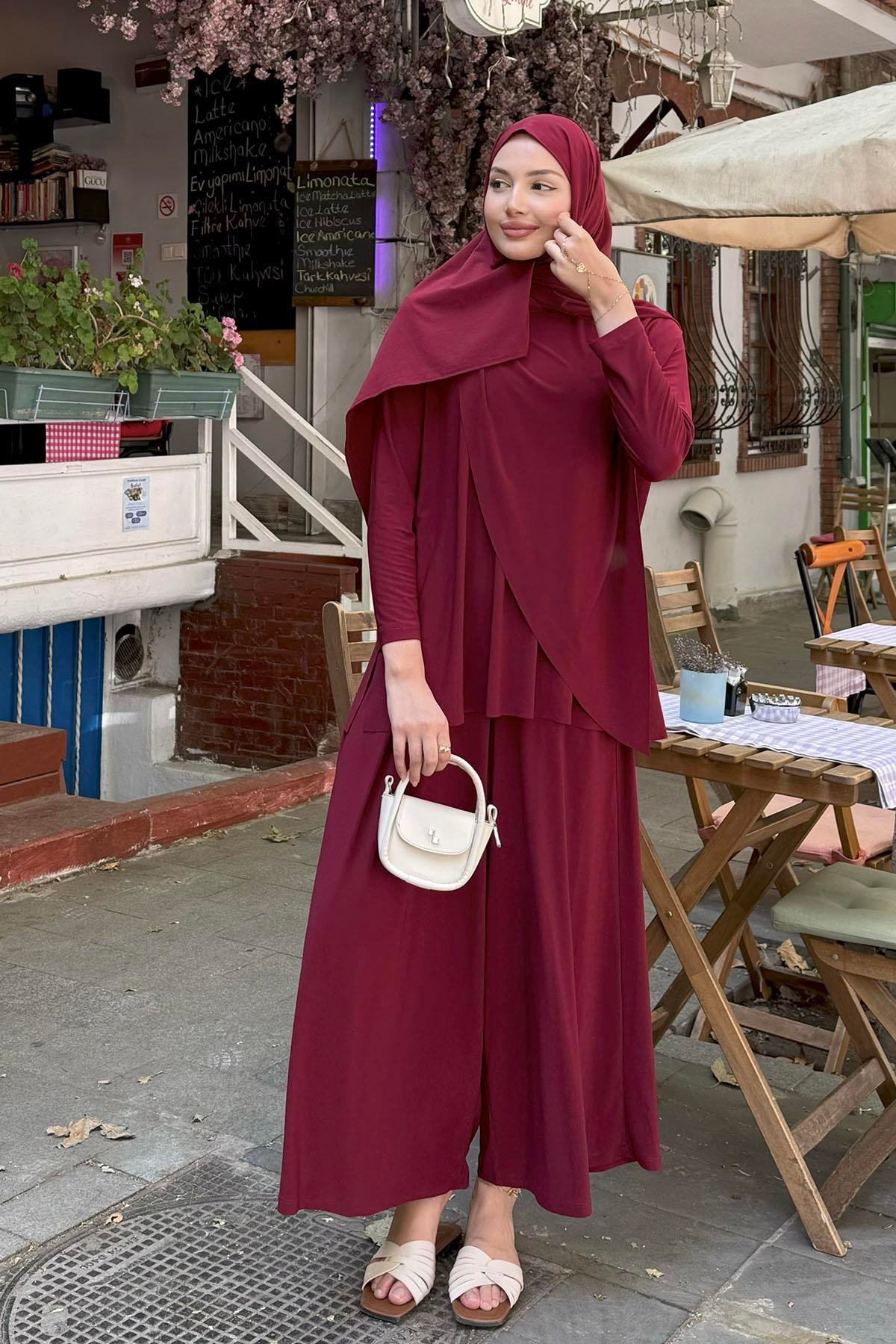 Sandy Kumaş Asimetrik Pantolonlu Tesettür Takım-BORDO