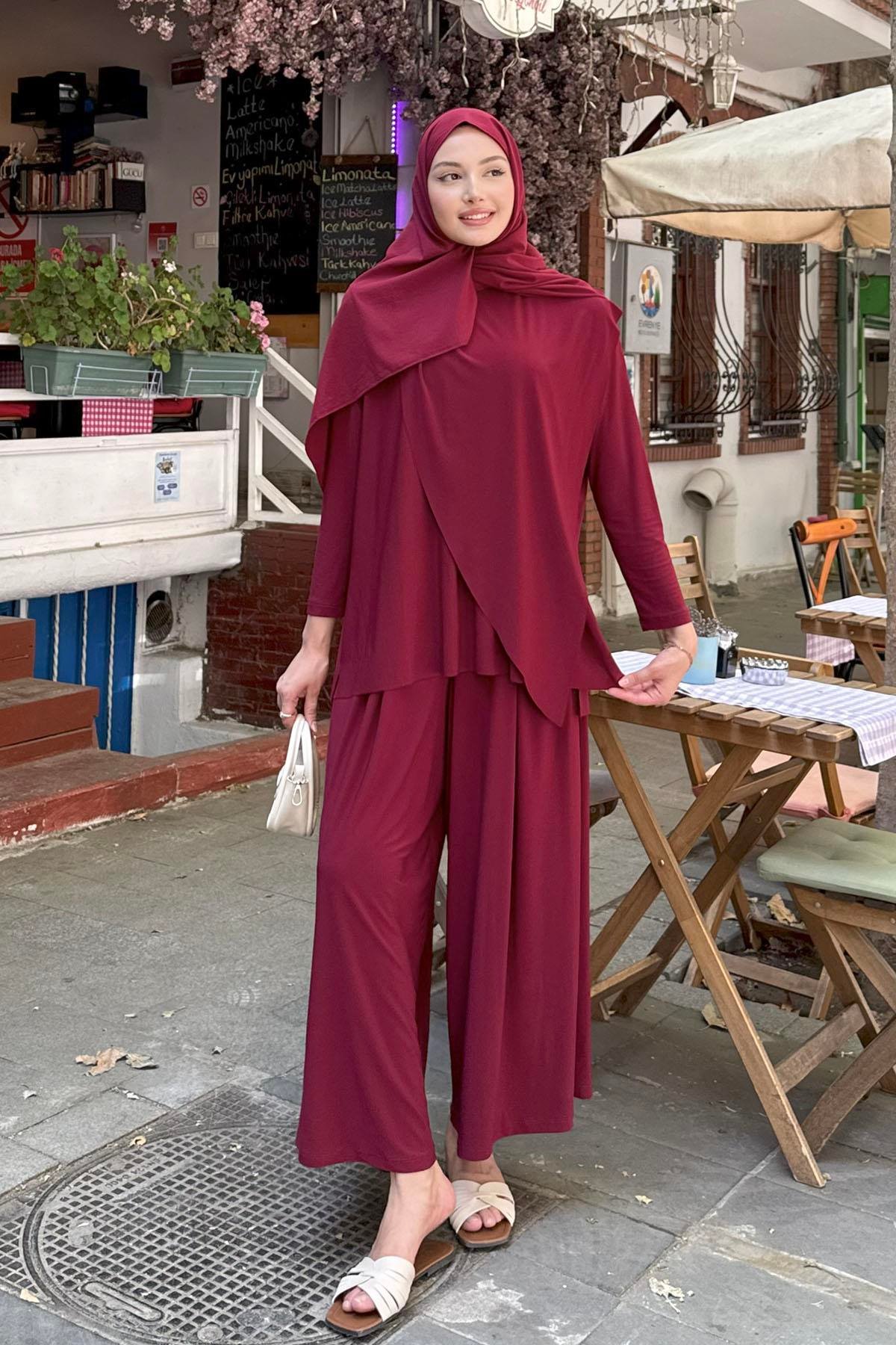 Sandy Kumaş Asimetrik Pantolonlu Tesettür Takım-BORDO