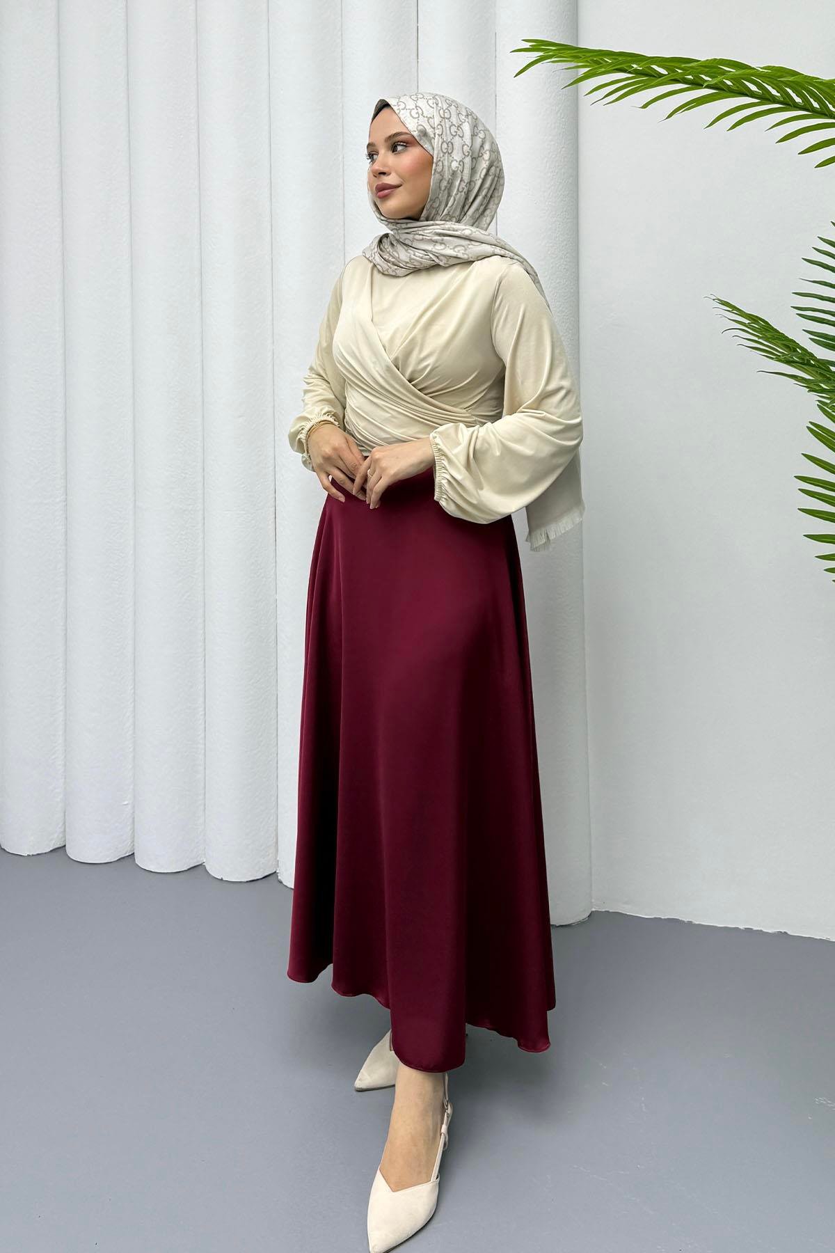 Saten Kiloş Etek-VİŞNE RENGİ
