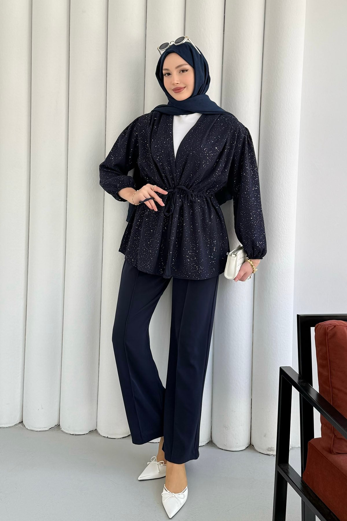 Serpme Taş İp Bağçıklı Kimono Tesettür Takım-LACİVERT