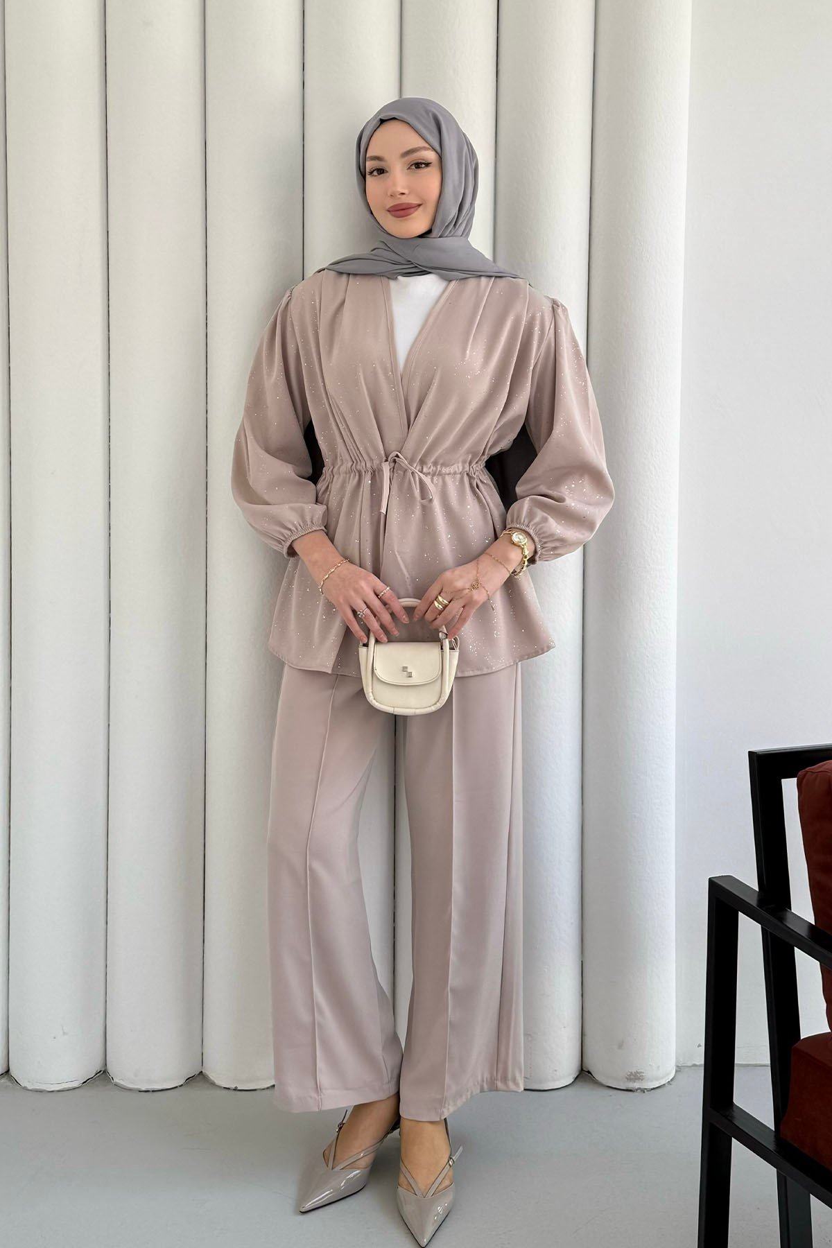 Serpme Taş İp Bağçıklı Kimono Tesettür Takım-TAŞ