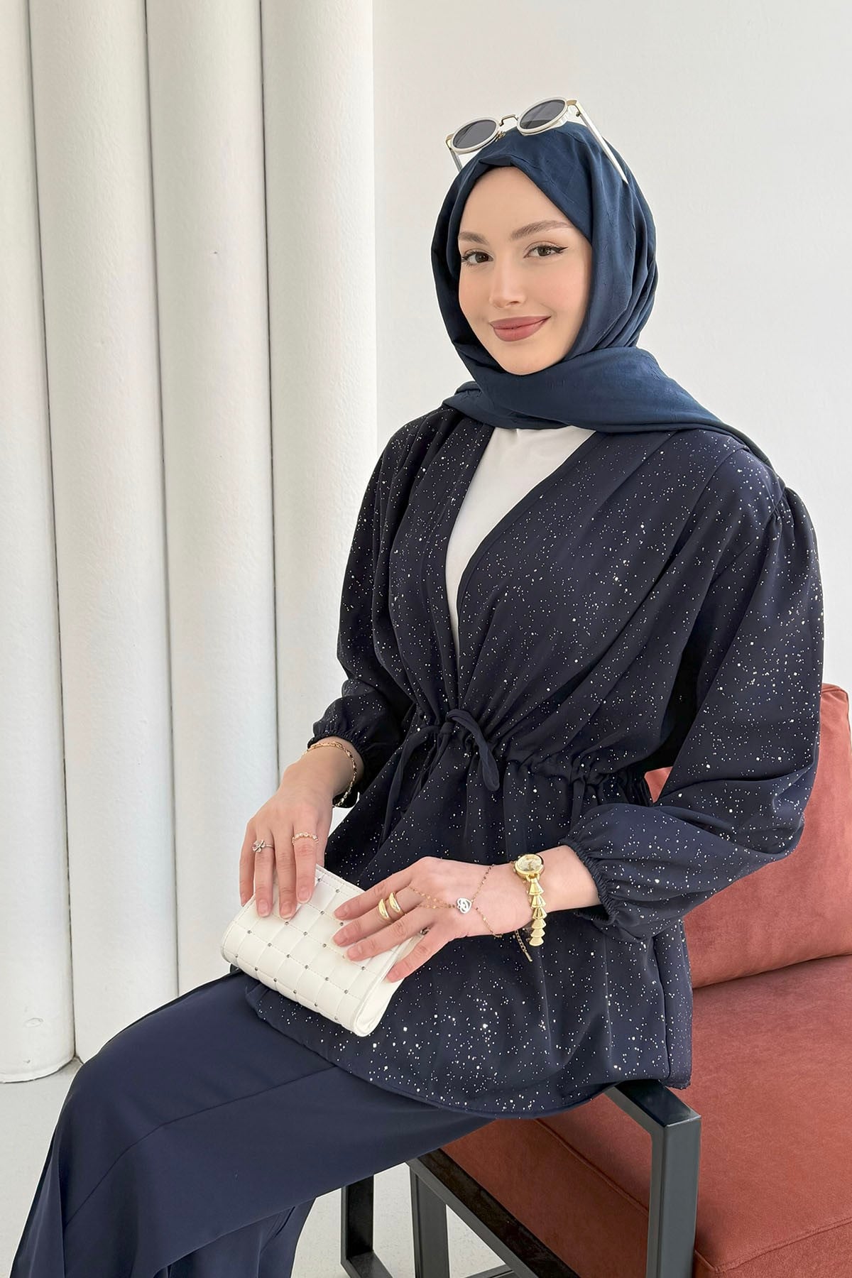 Serpme Taş İp Bağçıklı Kimono Tesettür Takım-LACİVERT