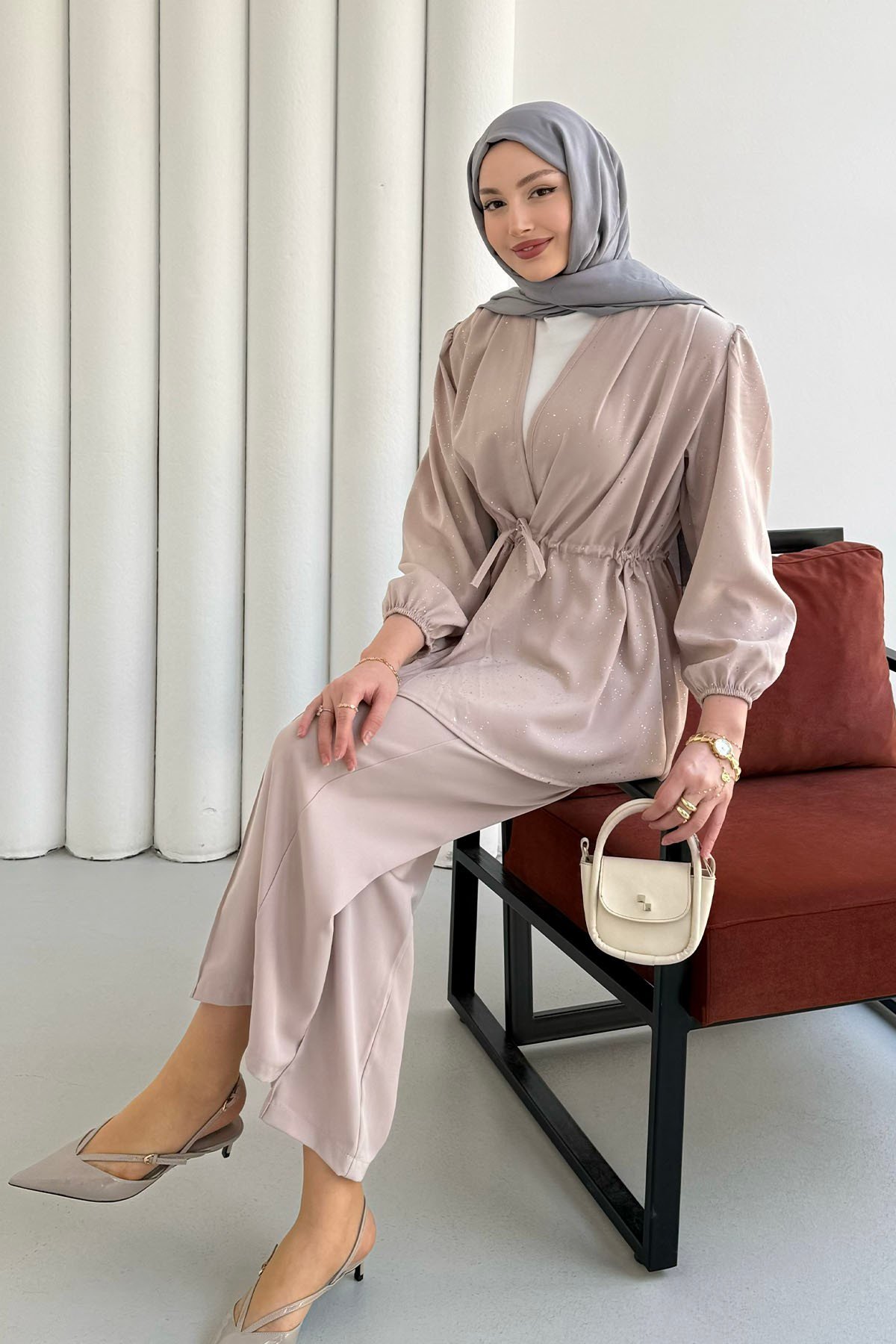 Serpme Taş İp Bağçıklı Kimono Tesettür Takım-TAŞ