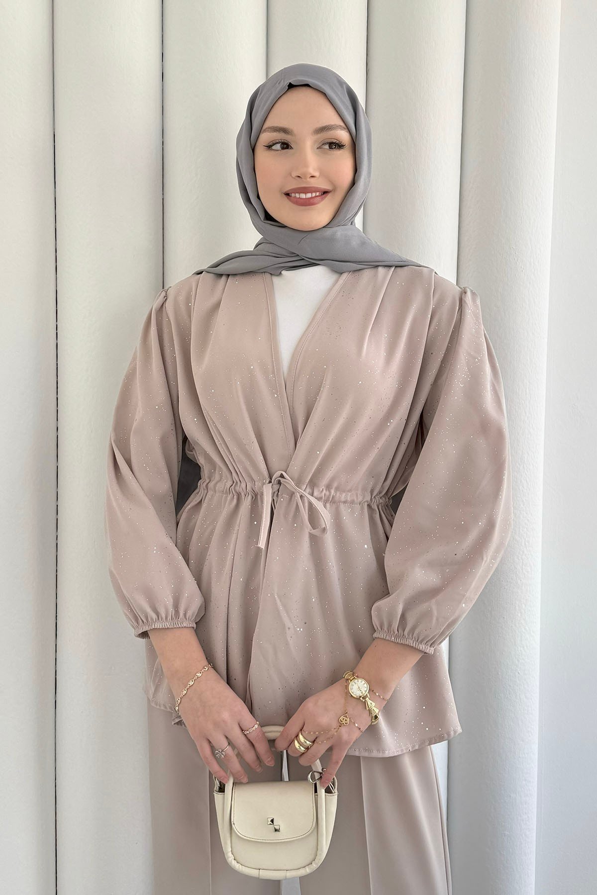 Serpme Taş İp Bağçıklı Kimono Tesettür Takım-TAŞ