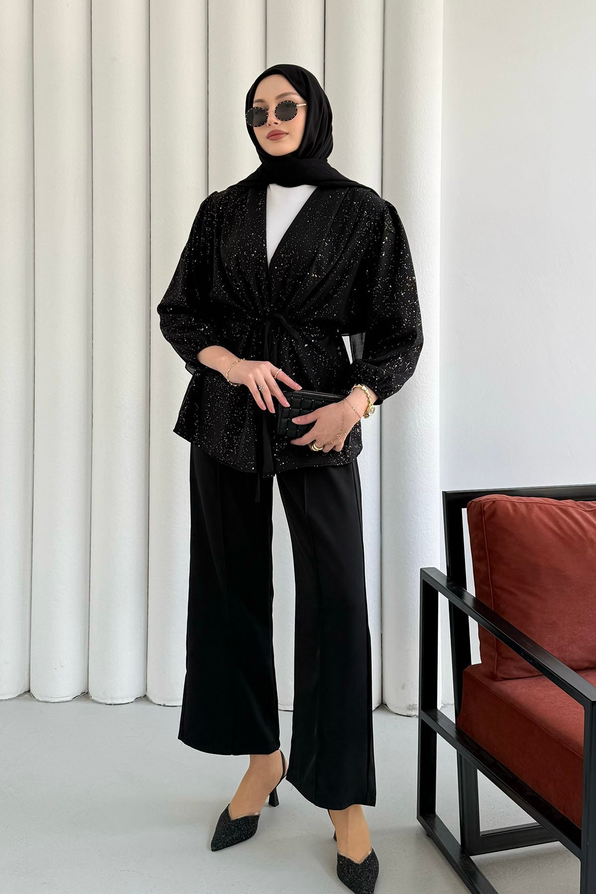 Serpme Taş İp Bağçıklı Kimono Tesettür Takım-SİYAH