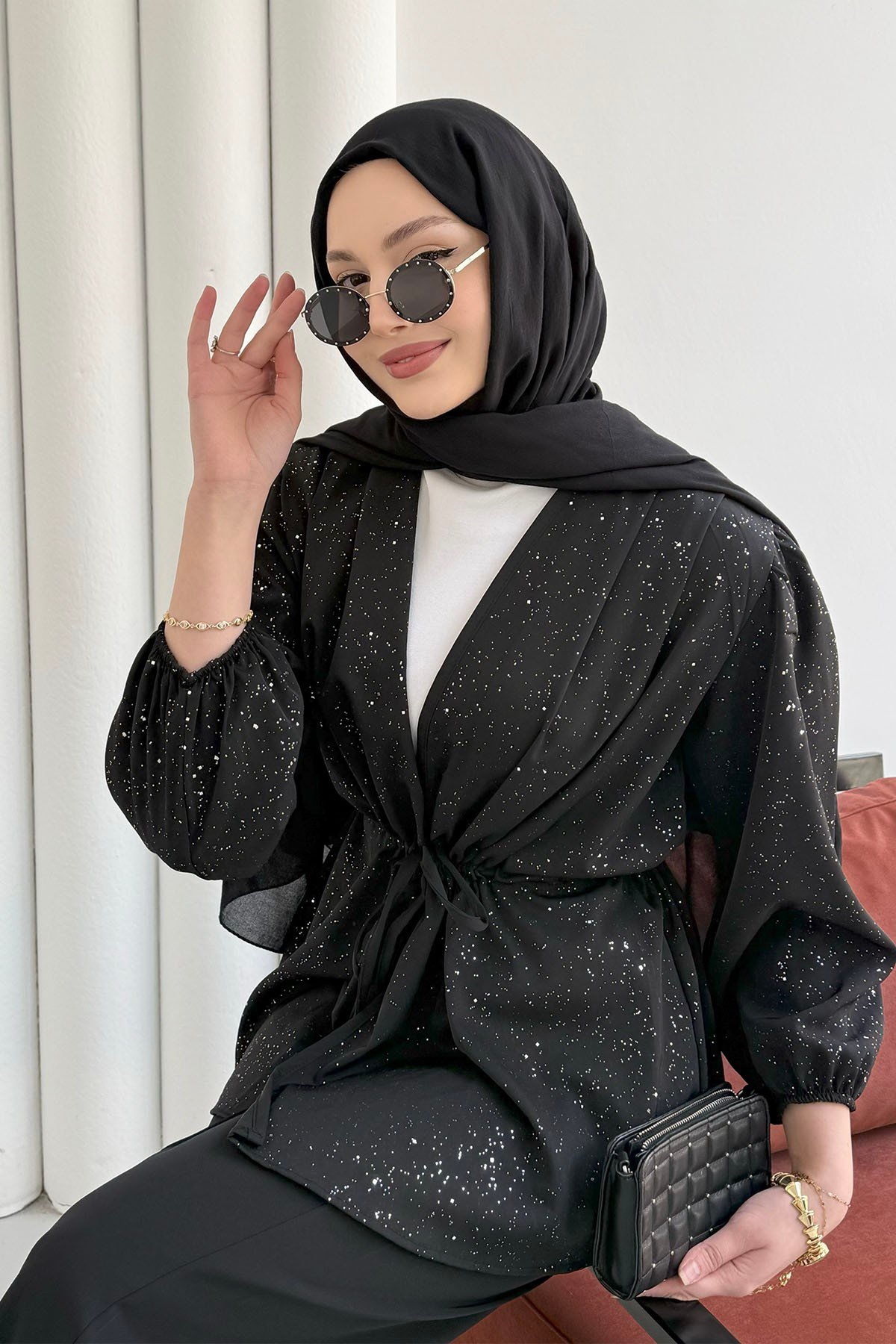 Serpme Taş İp Bağçıklı Kimono Tesettür Takım-SİYAH