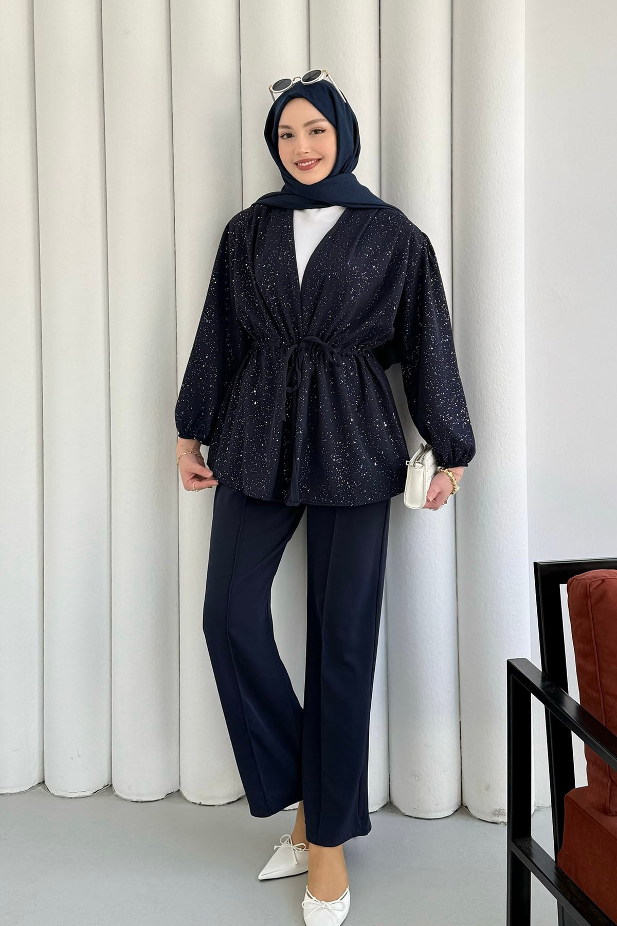Serpme Taş İp Bağçıklı Kimono Tesettür Takım-LACİVERT