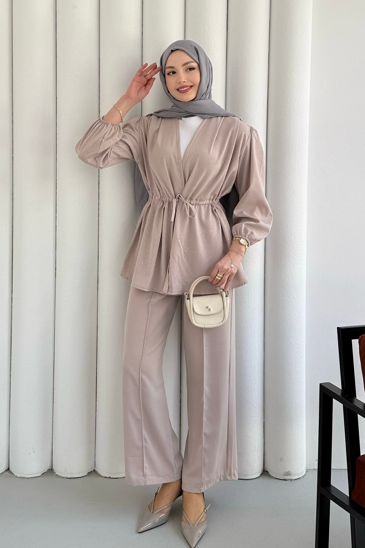 Serpme Taş İp Bağçıklı Kimono Tesettür Takım-TAŞ
