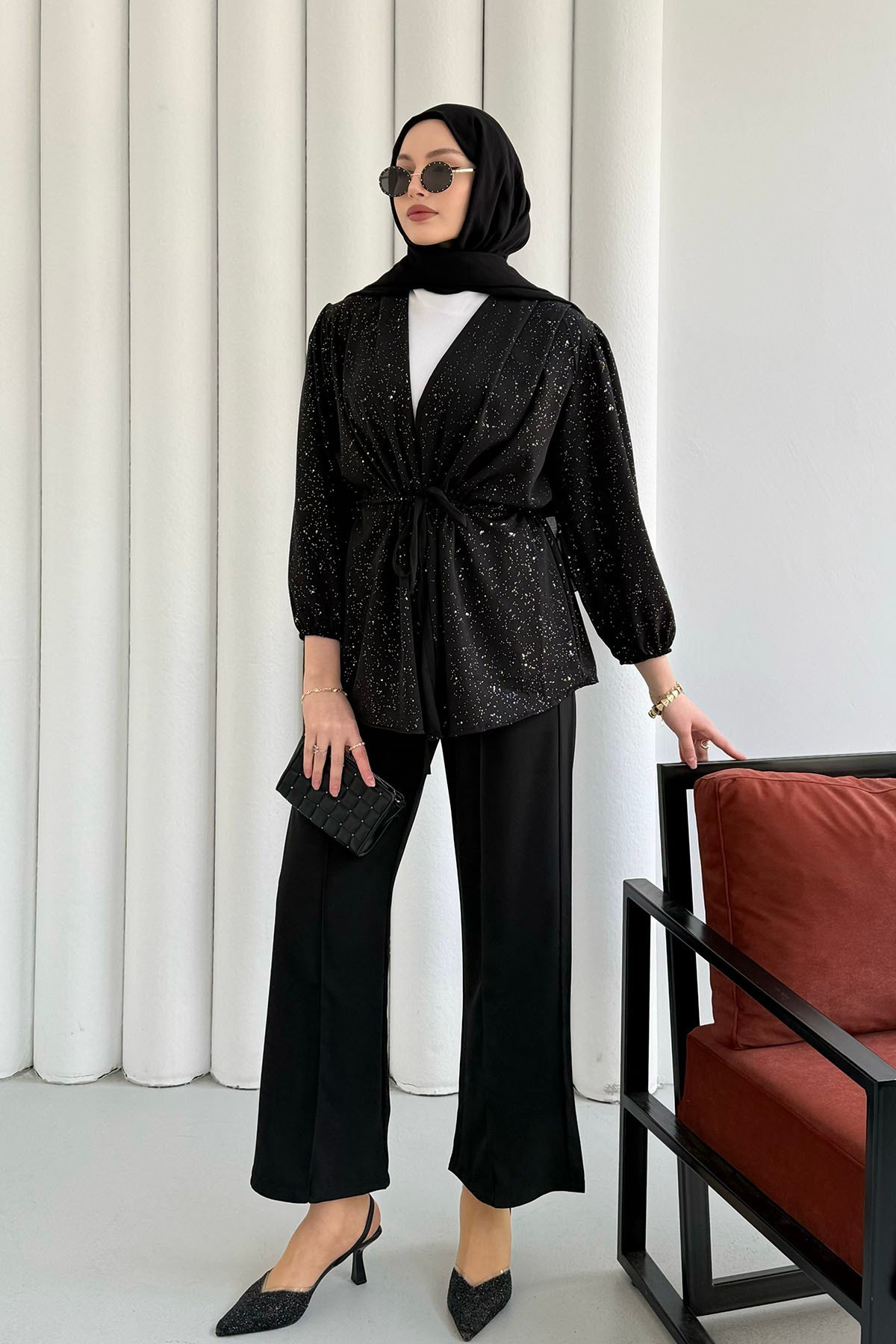 Serpme Taş İp Bağçıklı Kimono Tesettür Takım-SİYAH