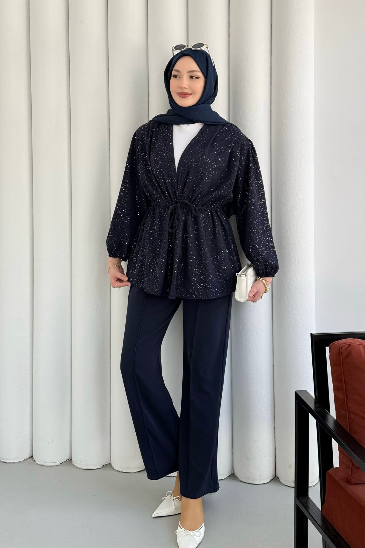 Serpme Taş İp Bağçıklı Kimono Tesettür Takım-LACİVERT