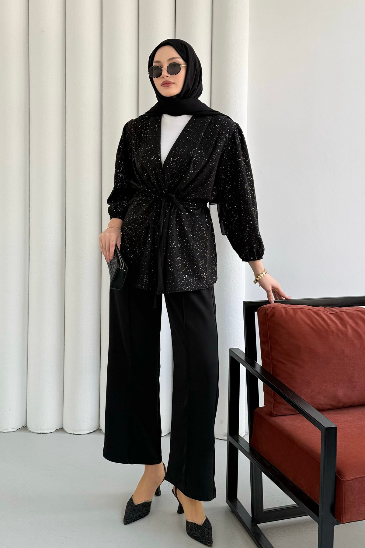 Serpme Taş İp Bağçıklı Kimono Tesettür Takım-SİYAH